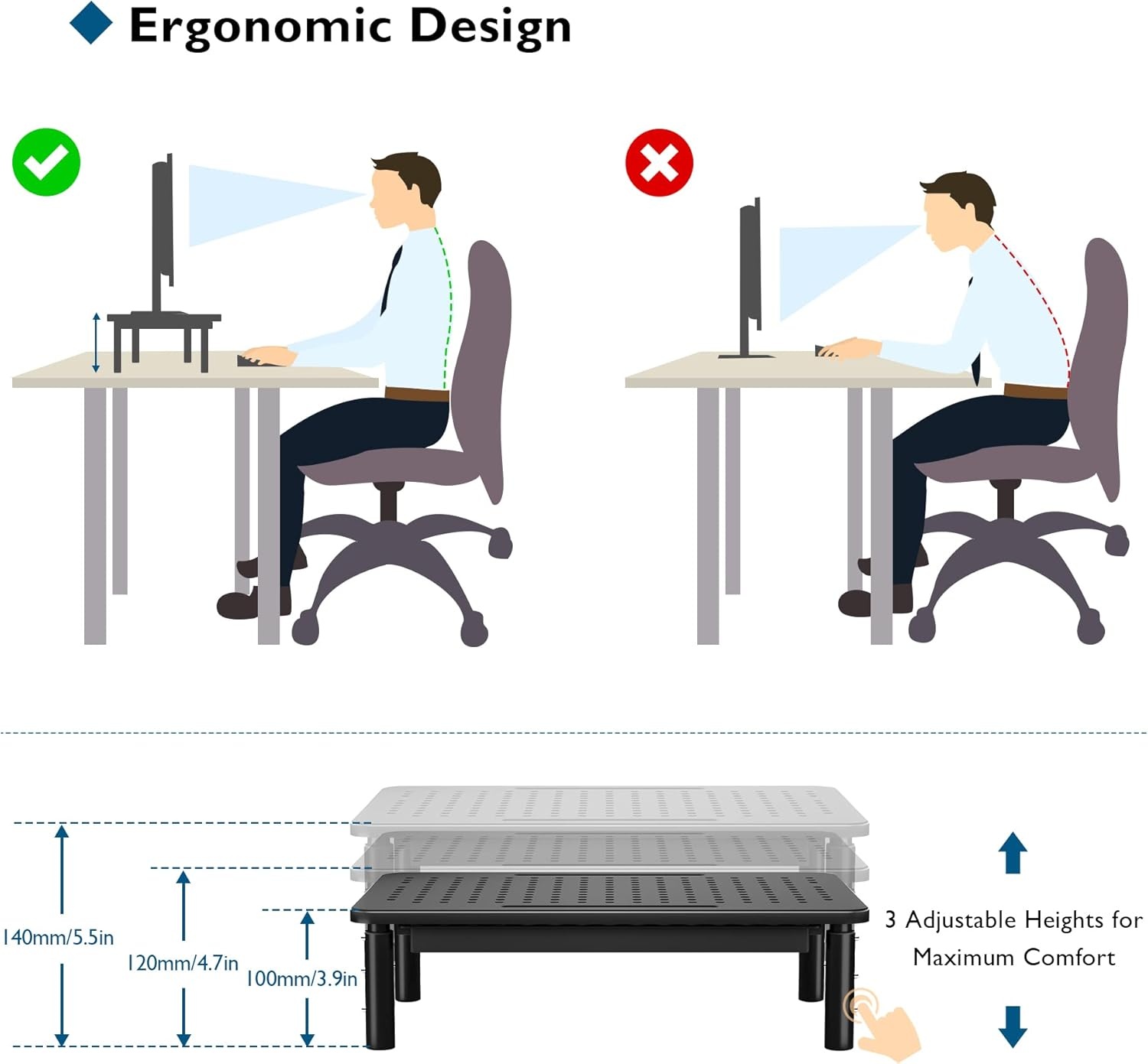 image:imageBONTEC 2 Pack Adjustable Monitor Stand Riser with Drawer Ergonomic Mesh Platform Computer Monitor Stand for Desk Ventilated Laptop and PC Stand with Cable Management Supports up to 44lbs1P