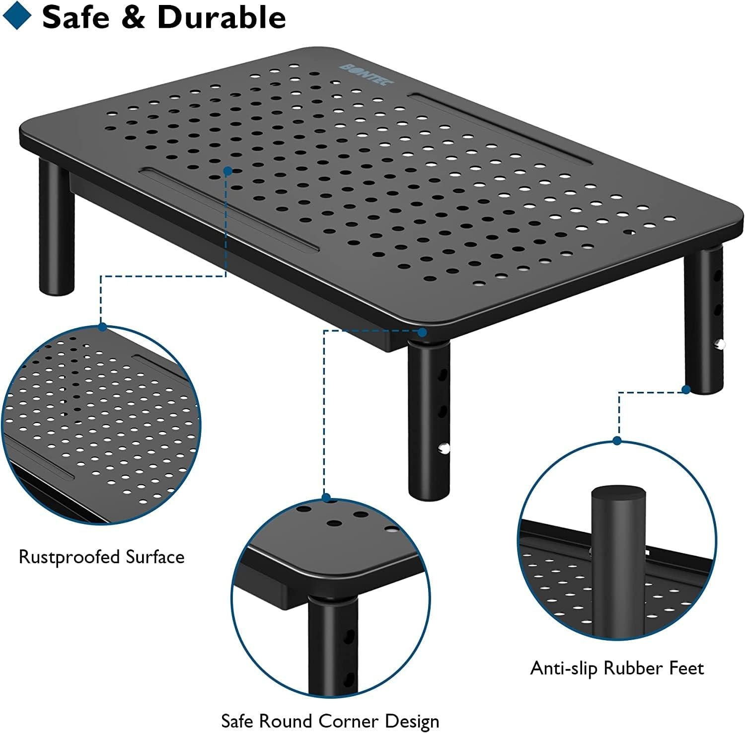 image:imageBONTEC 2 Pack Adjustable Monitor Stand Riser with Drawer Ergonomic Mesh Platform Computer Monitor Stand for Desk Ventilated Laptop and PC Stand with Cable Management Supports up to 44lbs2P