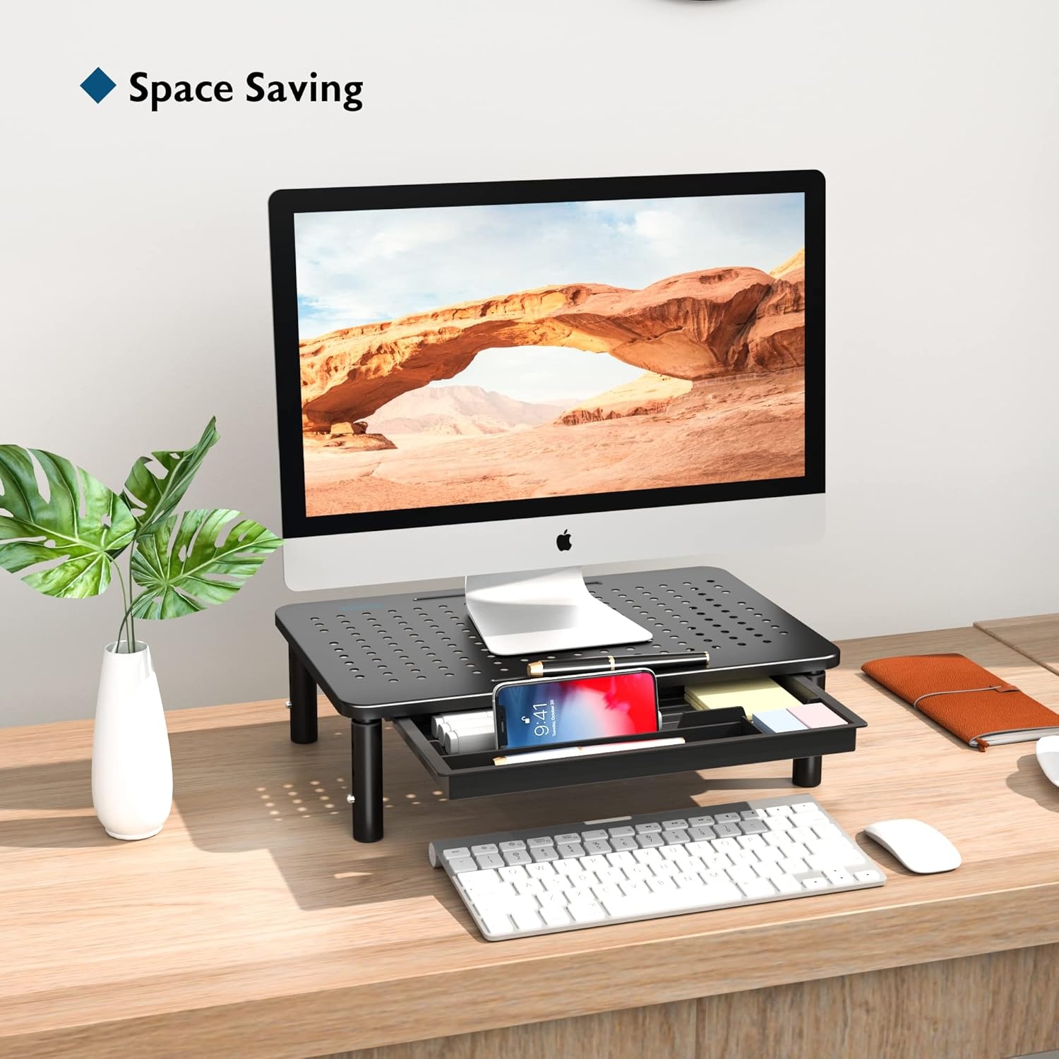 image:imageBONTEC 2 Pack Adjustable Monitor Stand Riser with Drawer Ergonomic Mesh Platform Computer Monitor Stand for Desk Ventilated Laptop and PC Stand with Cable Management Supports up to 44lbs1P
