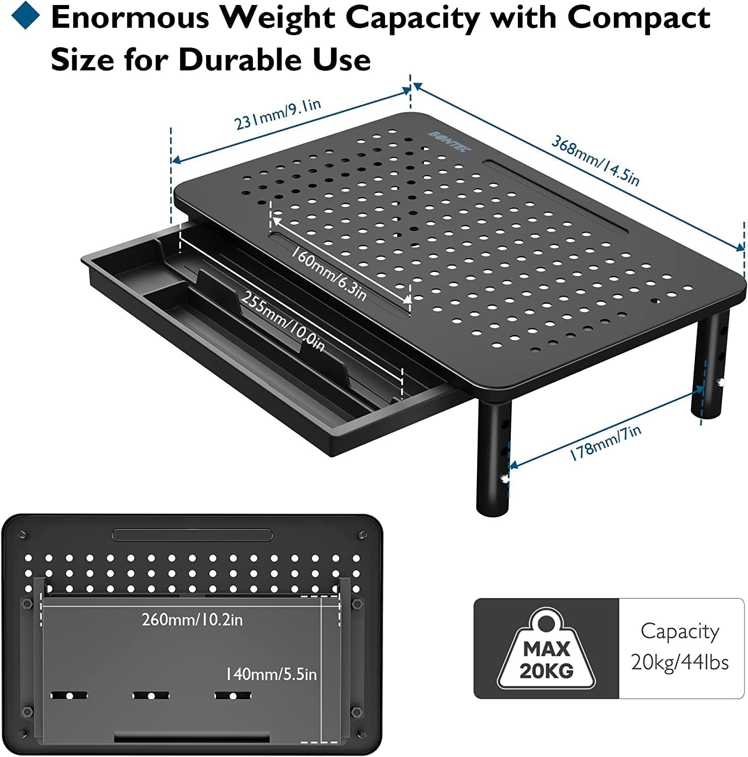 image:imageBONTEC 2 Pack Adjustable Monitor Stand Riser with Drawer Ergonomic Mesh Platform Computer Monitor Stand for Desk Ventilated Laptop and PC Stand with Cable Management Supports up to 44lbs2P