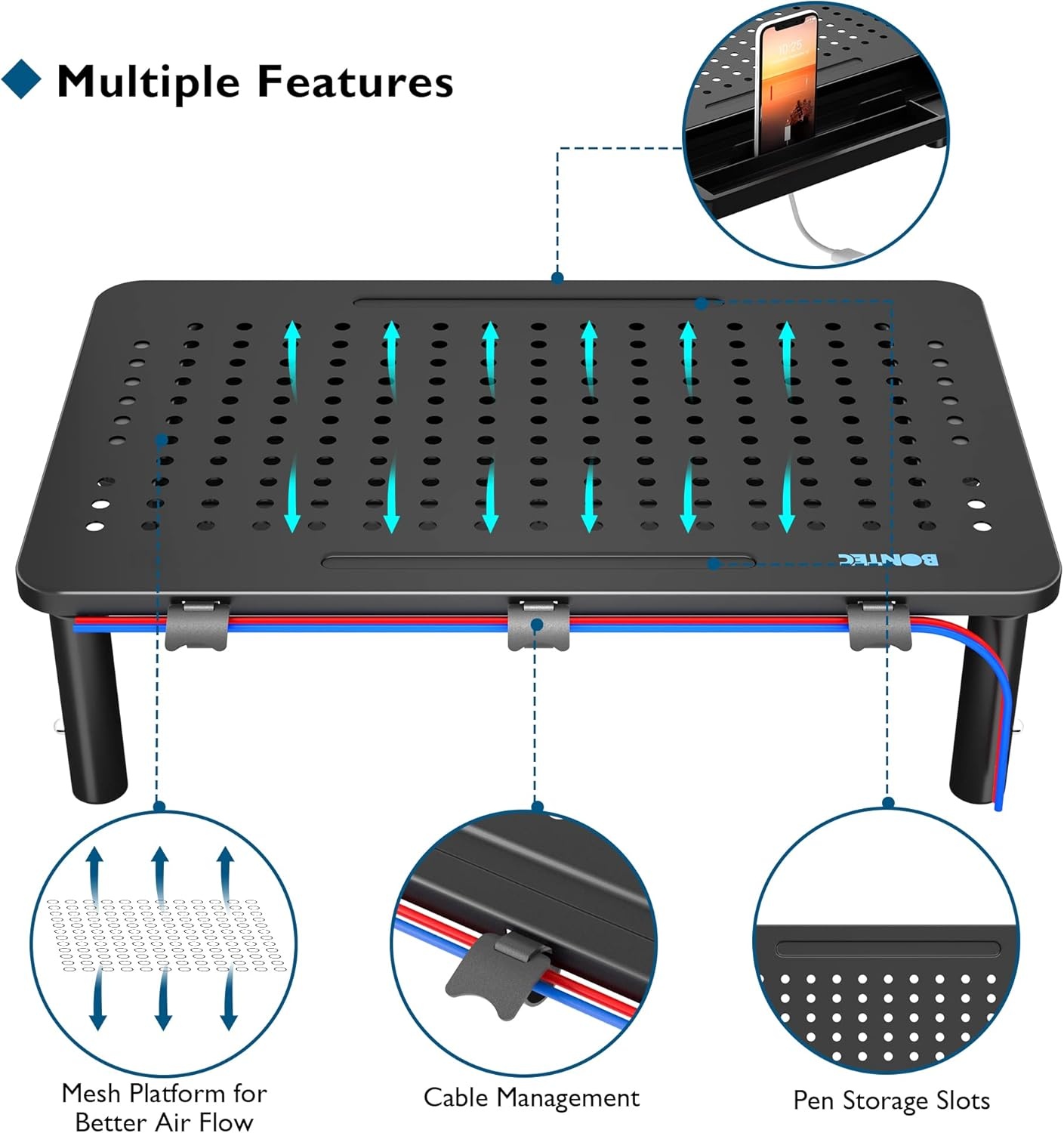 image:imageBONTEC 2 Pack Adjustable Monitor Stand Riser with Drawer Ergonomic Mesh Platform Computer Monitor Stand for Desk Ventilated Laptop and PC Stand with Cable Management Supports up to 44lbs1P