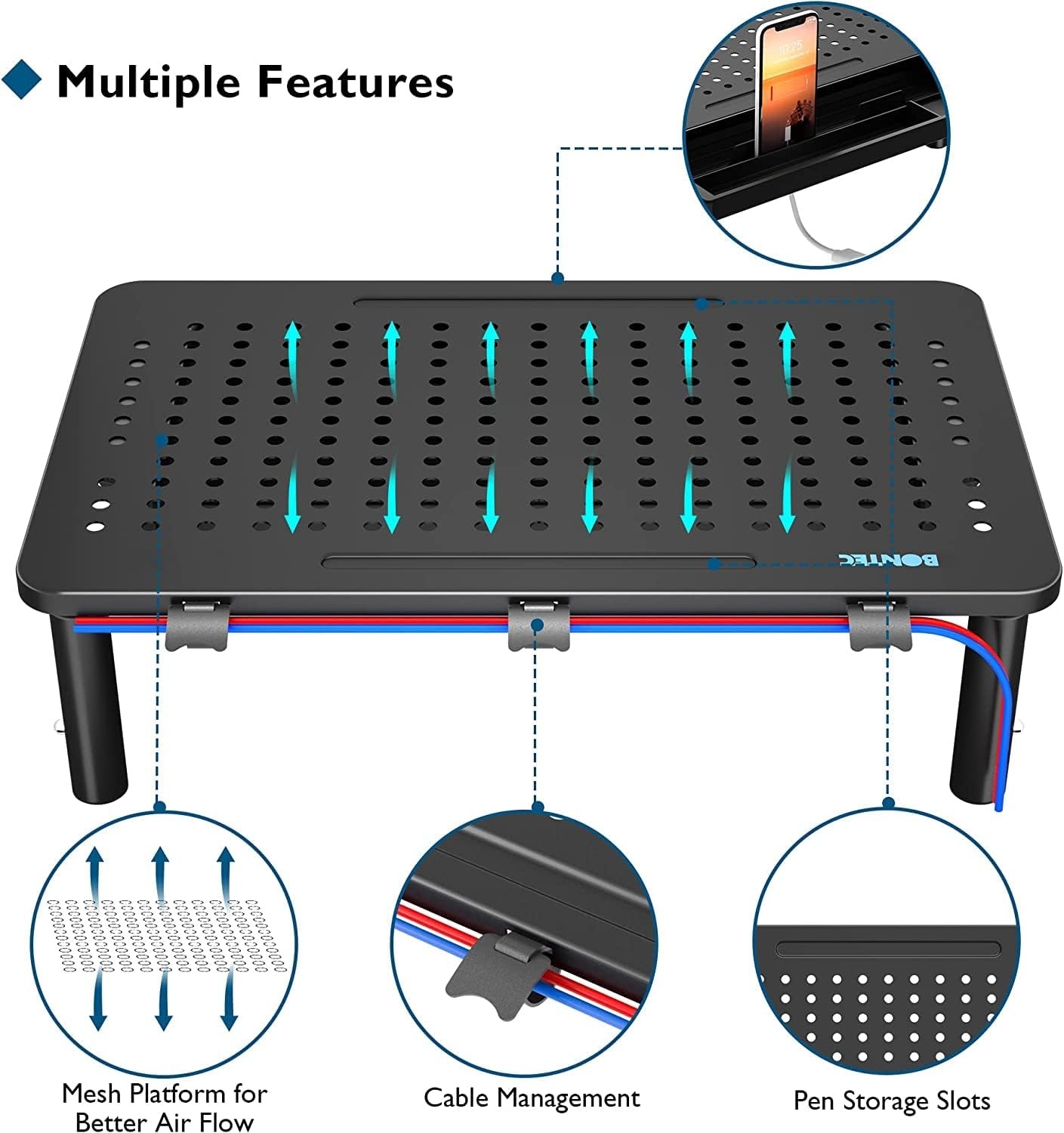image:imageBONTEC 2 Pack Adjustable Monitor Stand Riser with Drawer Ergonomic Mesh Platform Computer Monitor Stand for Desk Ventilated Laptop and PC Stand with Cable Management Supports up to 44lbs2P