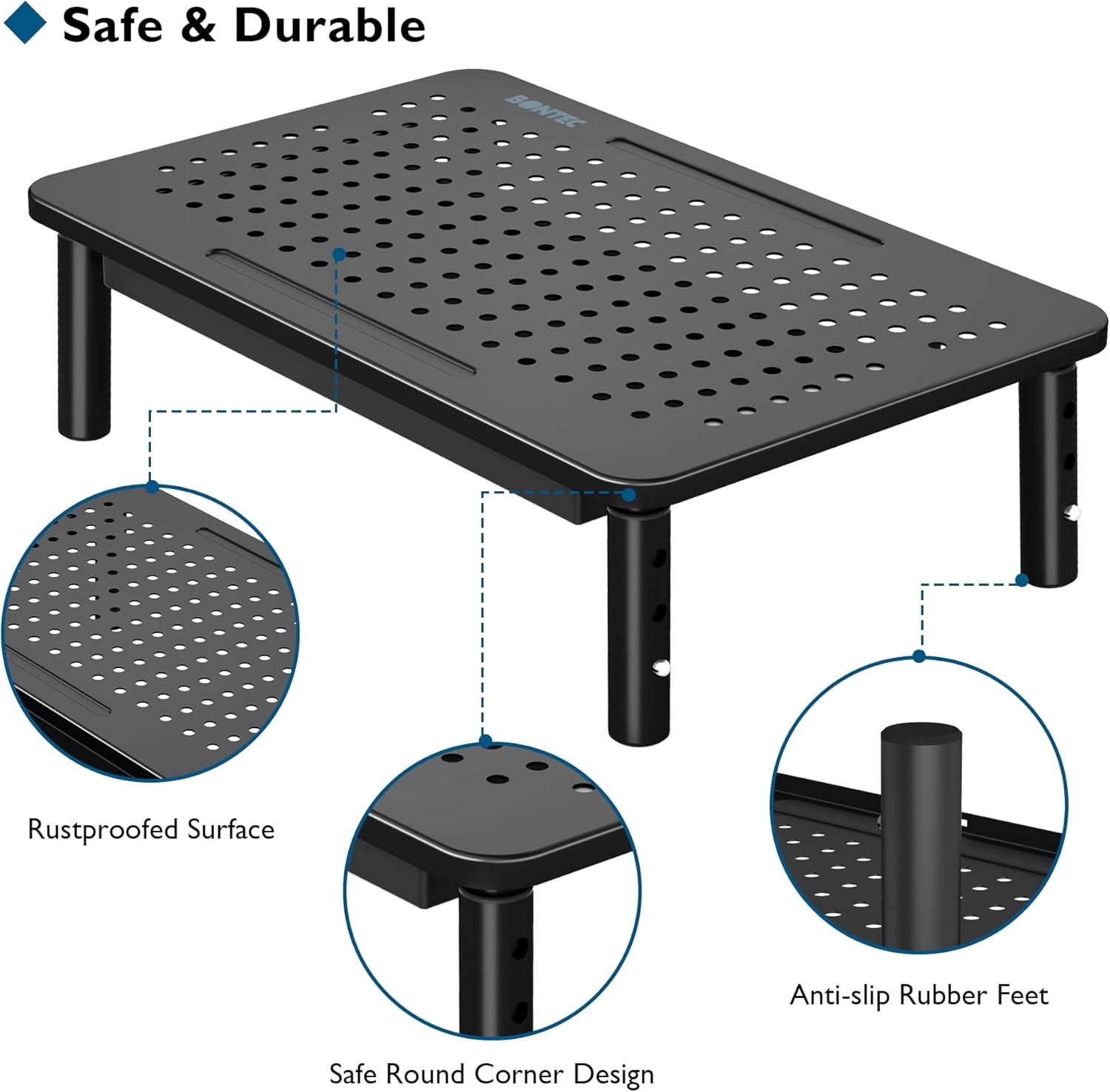image:imageBONTEC 2 Pack Adjustable Monitor Stand Riser with Drawer Ergonomic Mesh Platform Computer Monitor Stand for Desk Ventilated Laptop and PC Stand with Cable Management Supports up to 44lbs1P
