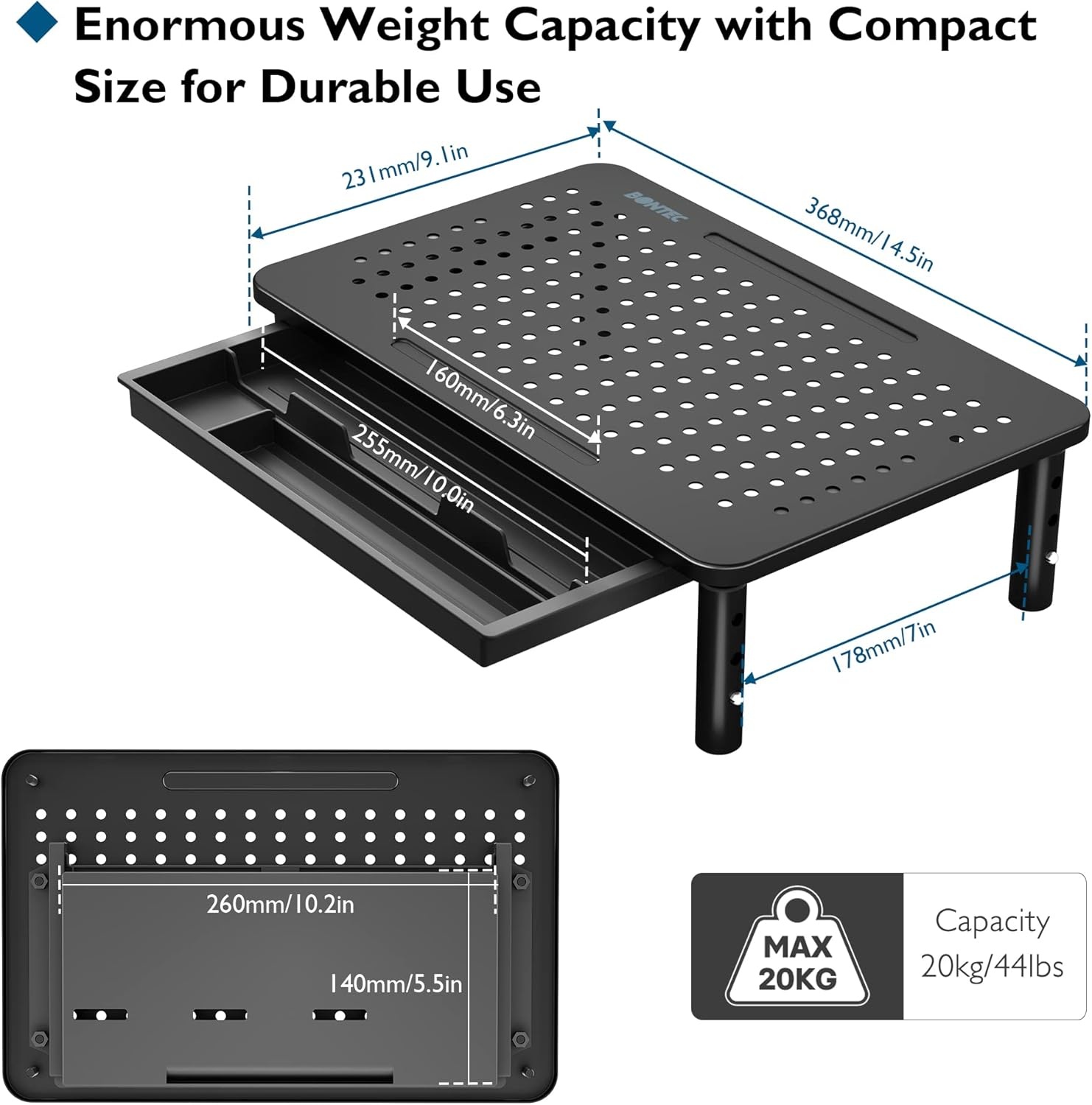 image:imageBONTEC 2 Pack Adjustable Monitor Stand Riser with Drawer Ergonomic Mesh Platform Computer Monitor Stand for Desk Ventilated Laptop and PC Stand with Cable Management Supports up to 44lbs1P