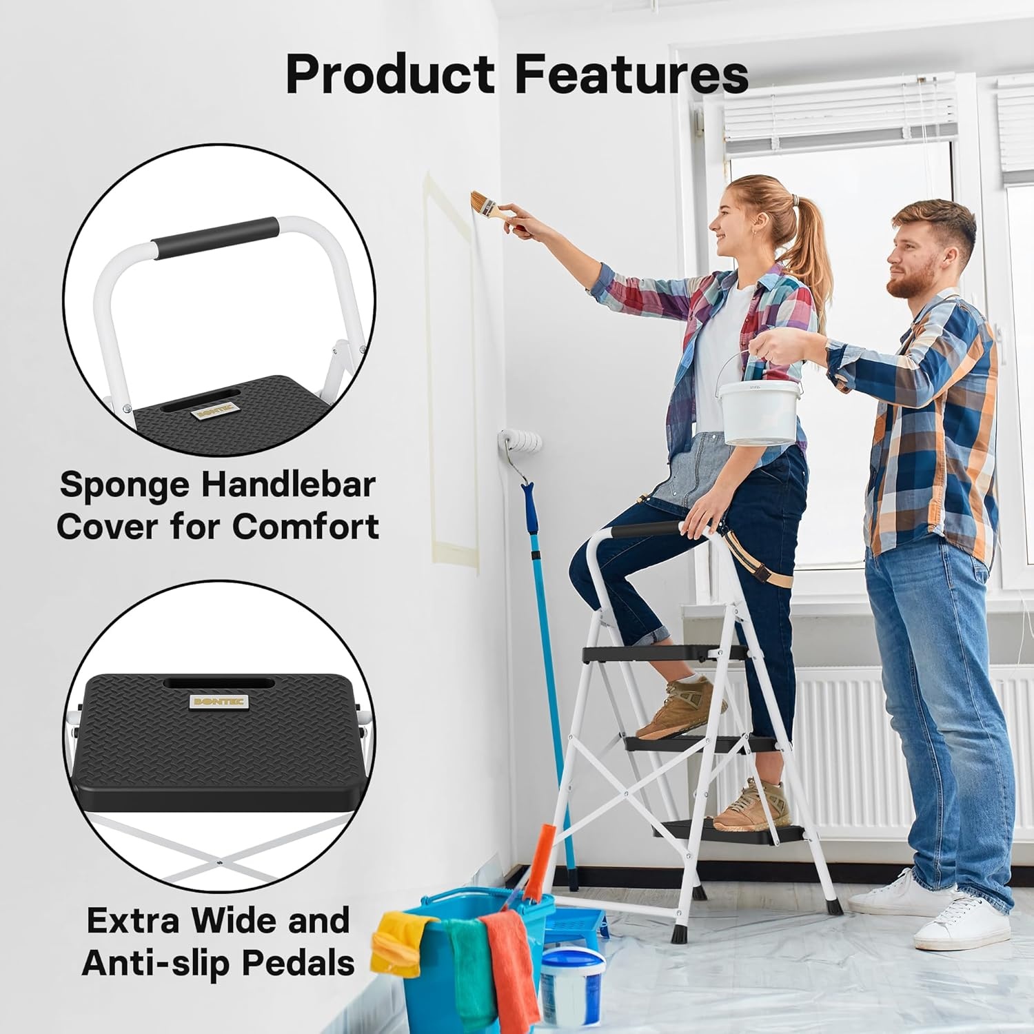 image:imageBONTEC 2Step Ladder Folding Step Stool 600lbs Max Load Capacity Sturdy Steel NonSlip Pedals Lightweight Portable Steel Ladder with Convenient Handrail Safety Design for Home amp Work PinkWhite