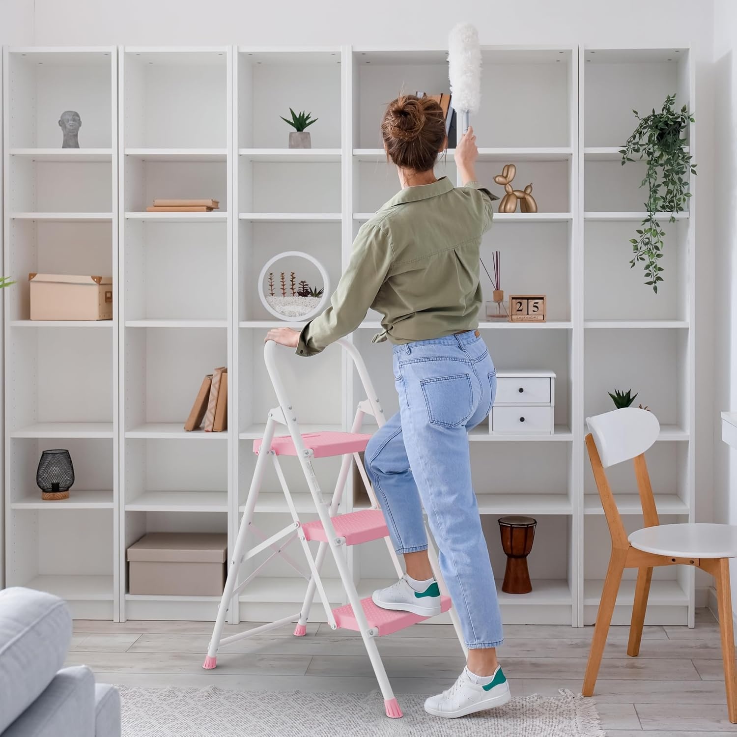 image:imageBONTEC 2Step Ladder Folding Step Stool 600lbs Max Load Capacity Sturdy Steel NonSlip Pedals Lightweight Portable Steel Ladder with Convenient Handrail Safety Design for Home amp Work PinkPink