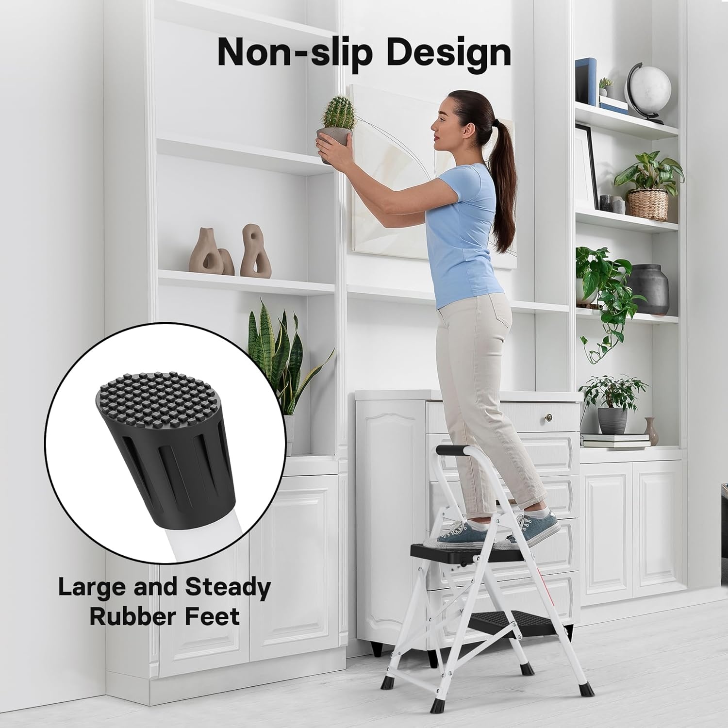 image:imageBONTEC 2Step Ladder Folding Step Stool 600lbs Max Load Capacity Sturdy Steel NonSlip Pedals Lightweight Portable Steel Ladder with Convenient Handrail Safety Design for Home amp Work PinkWhite