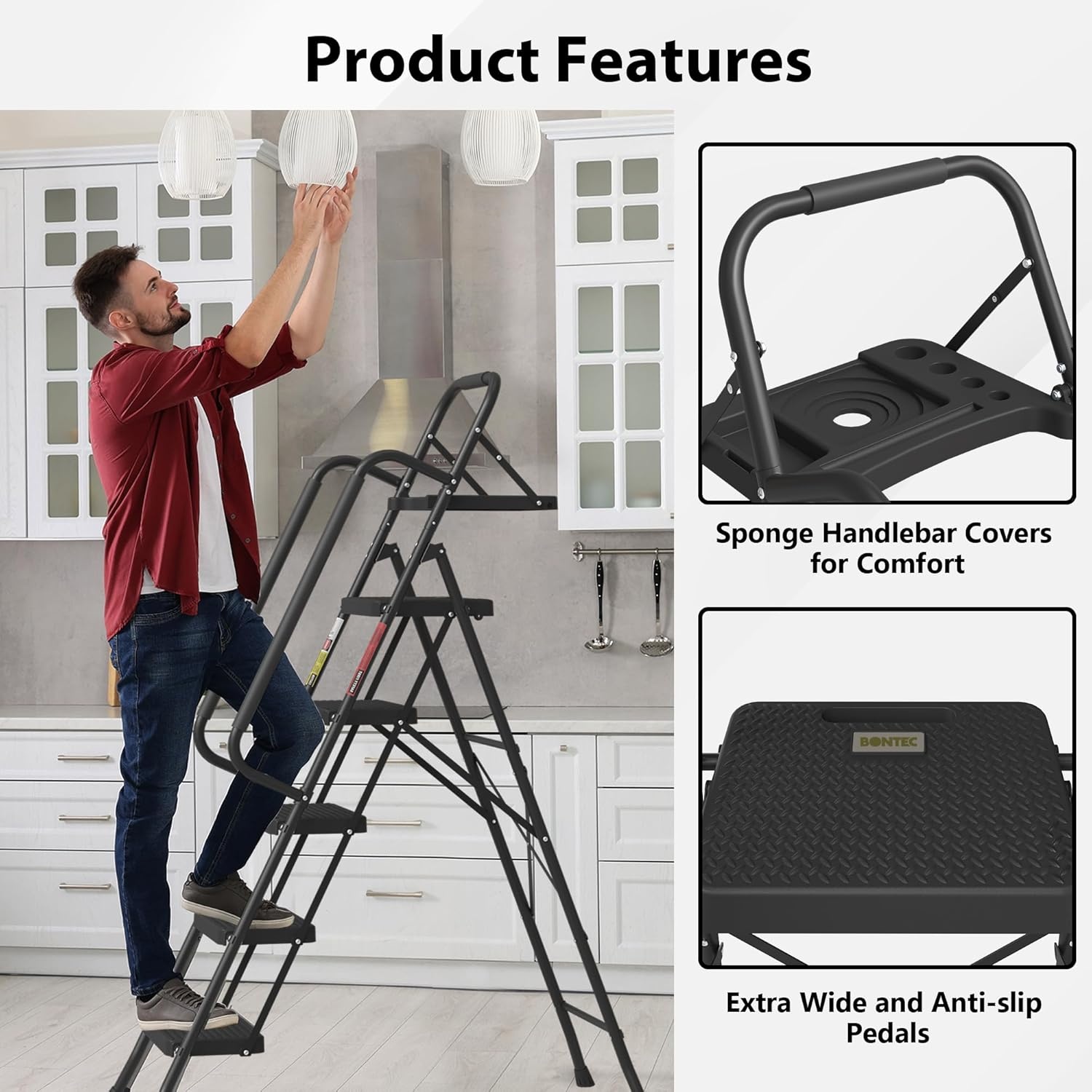 image:imageBONTEC 2Step Ladder Folding Step Stool 600lbs Max Load Capacity Sturdy Steel NonSlip Pedals Lightweight Portable Steel Ladder with Convenient Handrail Safety Design for Home amp Work PinkBlack
