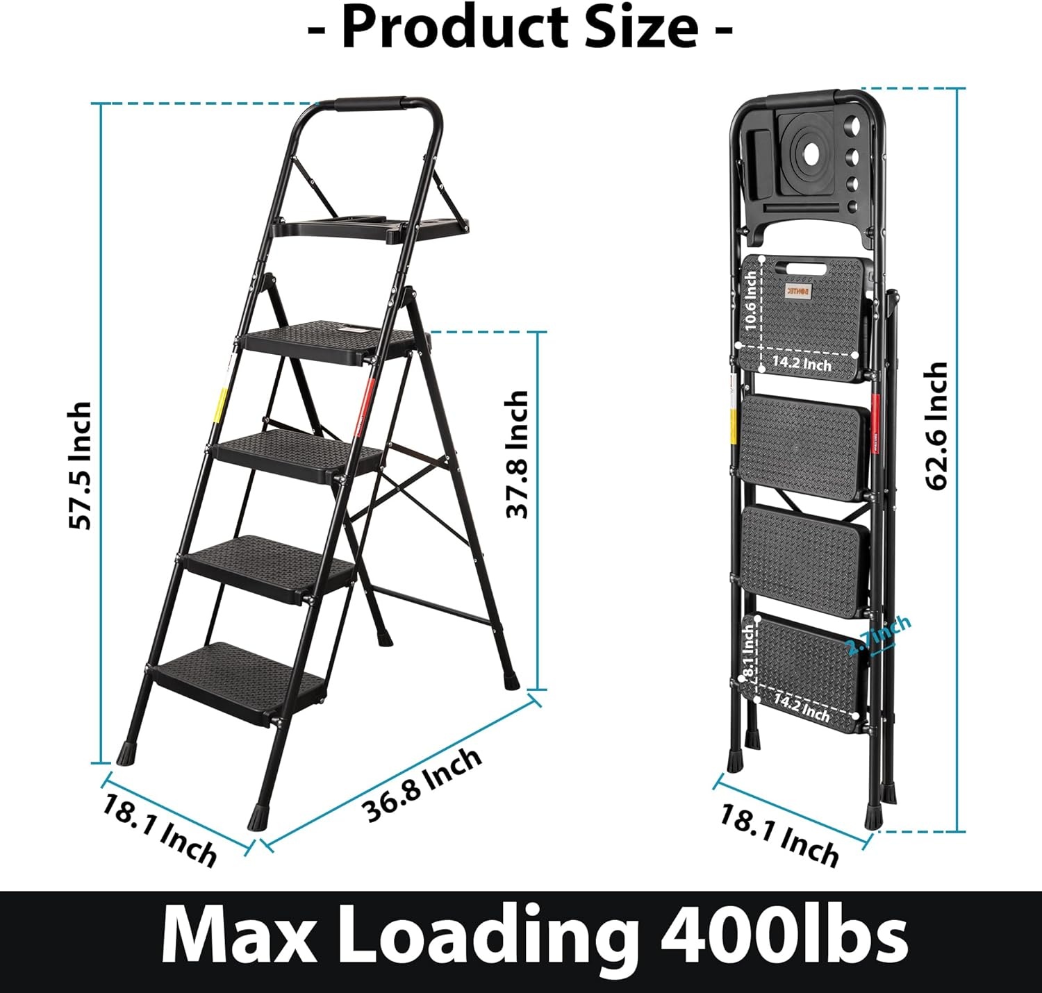 image:imageBONTEC 2Step Ladder Folding Step Stool 600lbs Max Load Capacity Sturdy Steel NonSlip Pedals Lightweight Portable Steel Ladder with Convenient Handrail Safety Design for Home amp Work PinkBlack