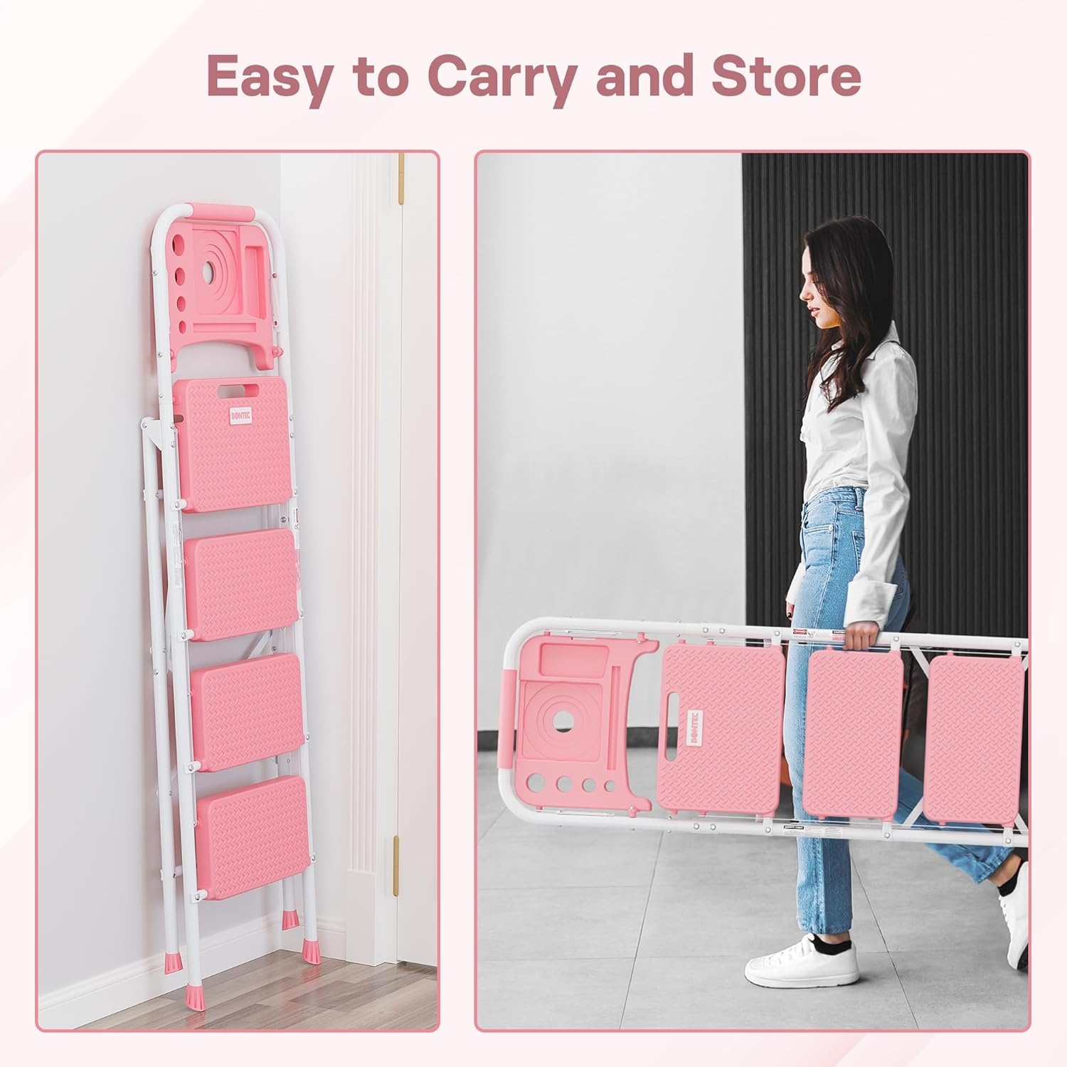 image:imageBONTEC 2Step Ladder Folding Step Stool 600lbs Max Load Capacity Sturdy Steel NonSlip Pedals Lightweight Portable Steel Ladder with Convenient Handrail Safety Design for Home amp Work PinkPink
