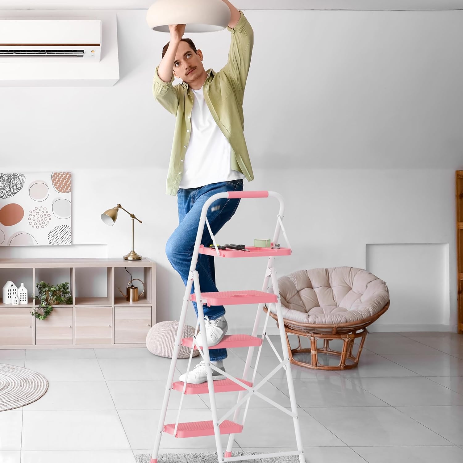 image:imageBONTEC 2Step Ladder Folding Step Stool 600lbs Max Load Capacity Sturdy Steel NonSlip Pedals Lightweight Portable Steel Ladder with Convenient Handrail Safety Design for Home amp Work PinkPink