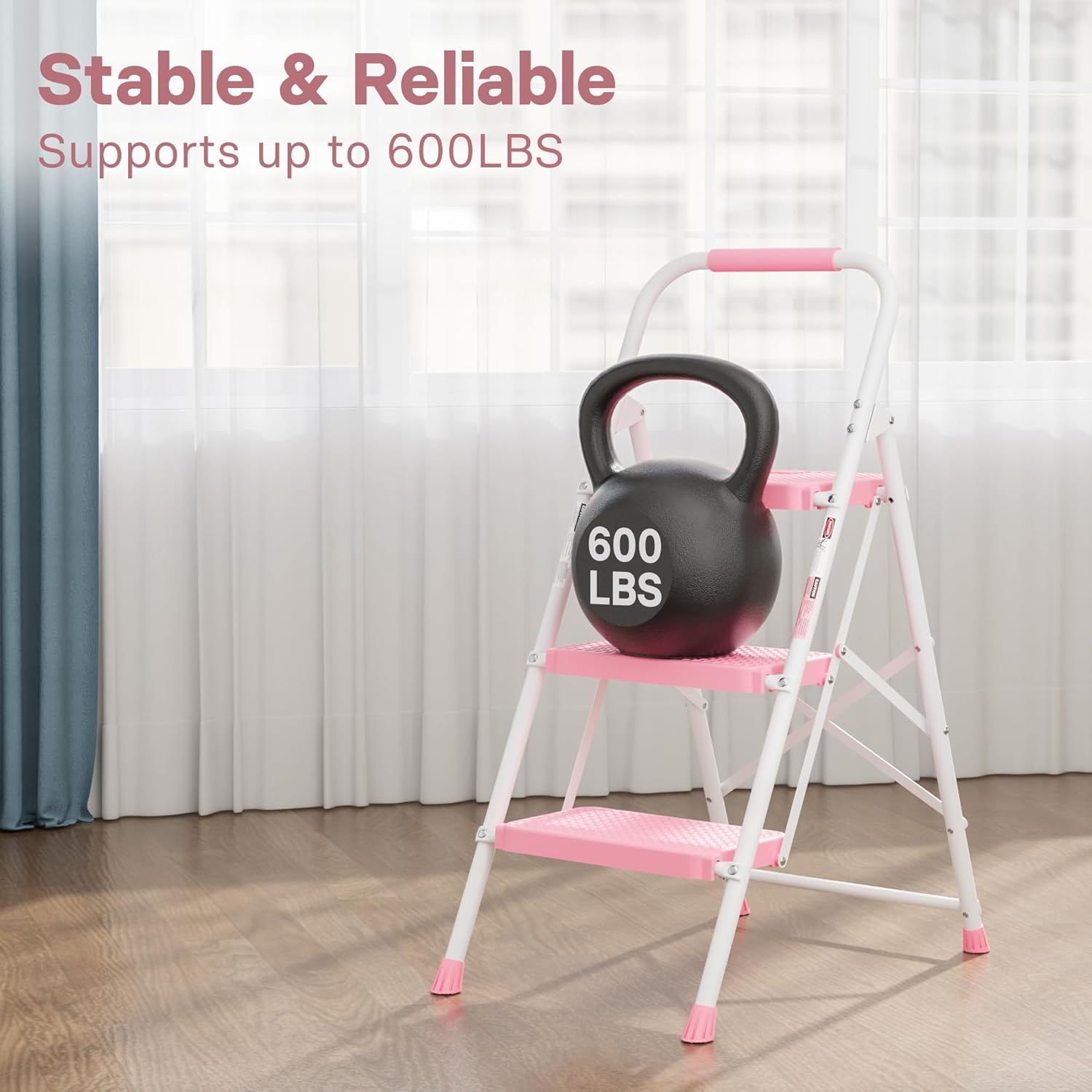 image:imageBONTEC 2Step Ladder Folding Step Stool 600lbs Max Load Capacity Sturdy Steel NonSlip Pedals Lightweight Portable Steel Ladder with Convenient Handrail Safety Design for Home amp Work PinkPink