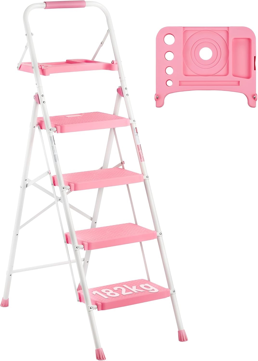 image:imageBONTEC 2Step Ladder Folding Step Stool 600lbs Max Load Capacity Sturdy Steel NonSlip Pedals Lightweight Portable Steel Ladder with Convenient Handrail Safety Design for Home amp Work PinkPink