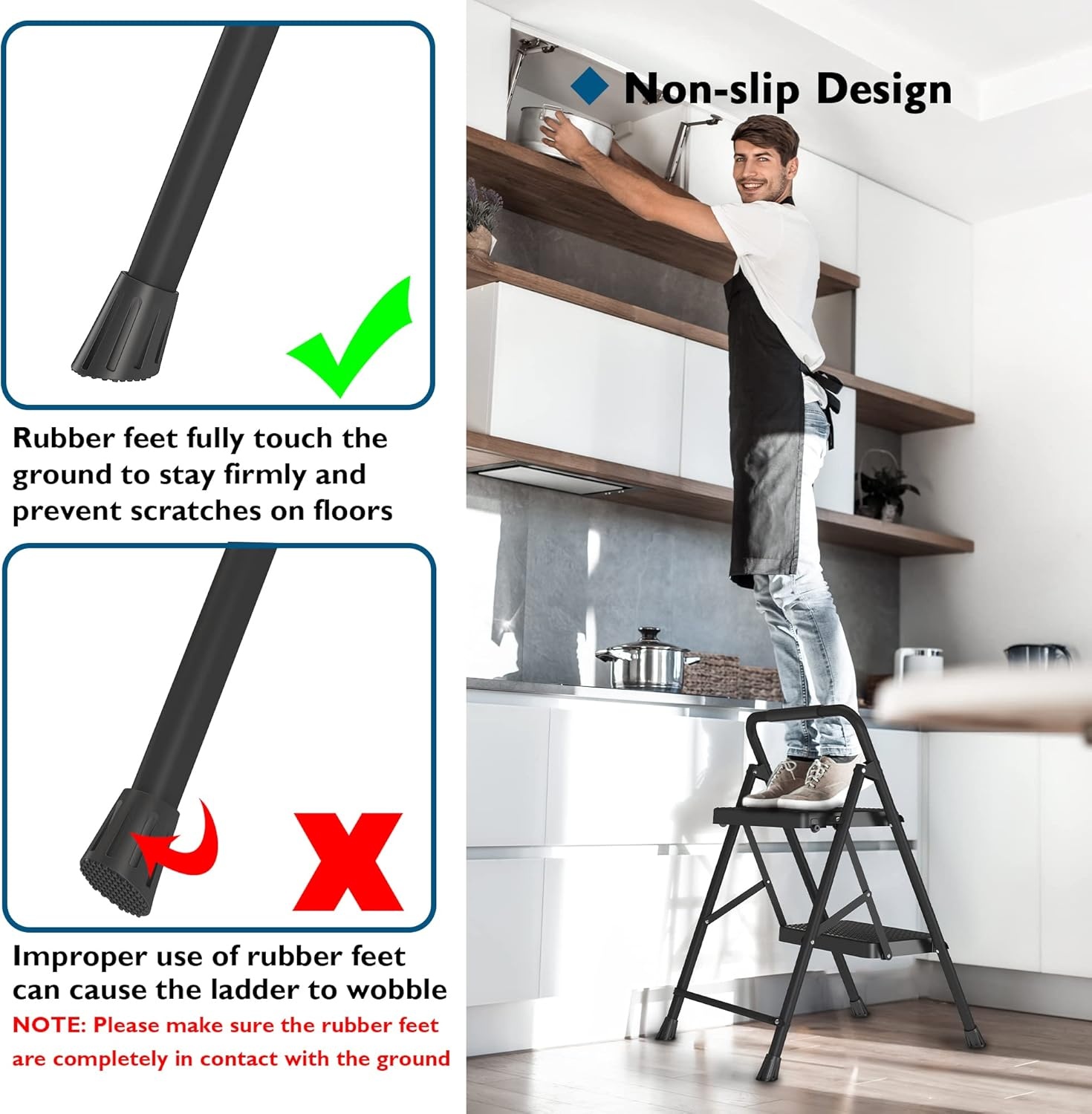 image:imageBONTEC 2Step Ladder Folding Step Stool 600lbs Max Load Capacity Sturdy Steel NonSlip Pedals Lightweight Portable Steel Ladder with Convenient Handrail Safety Design for Home amp Work PinkBlack