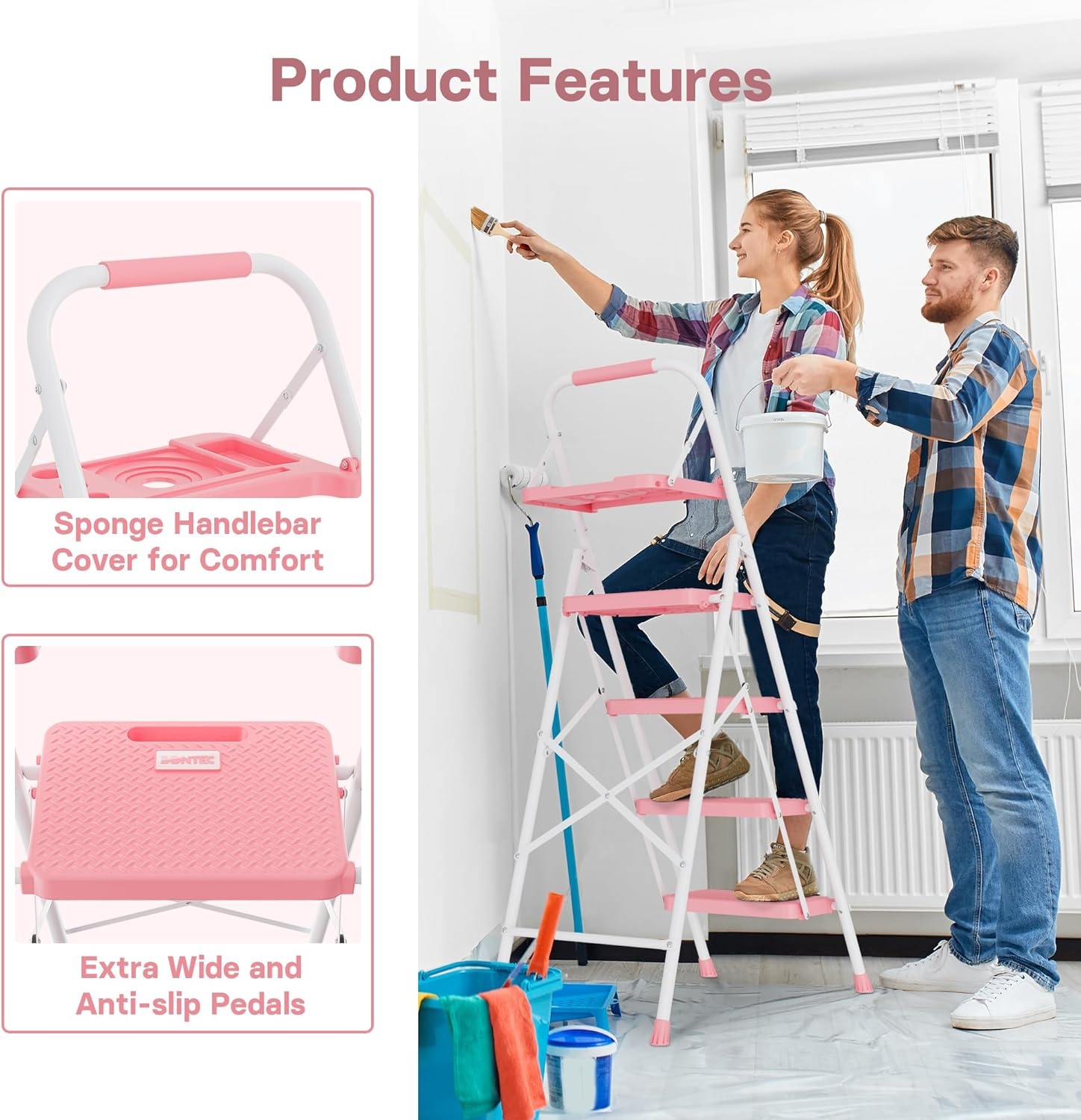 image:imageBONTEC 2Step Ladder Folding Step Stool 600lbs Max Load Capacity Sturdy Steel NonSlip Pedals Lightweight Portable Steel Ladder with Convenient Handrail Safety Design for Home amp Work PinkPink