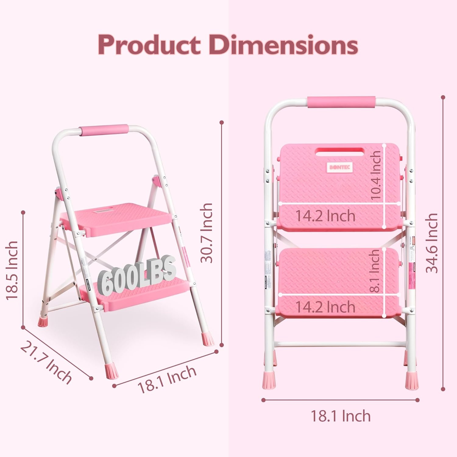 image:imageBONTEC 2Step Ladder Folding Step Stool 600lbs Max Load Capacity Sturdy Steel NonSlip Pedals Lightweight Portable Steel Ladder with Convenient Handrail Safety Design for Home amp Work PinkPink