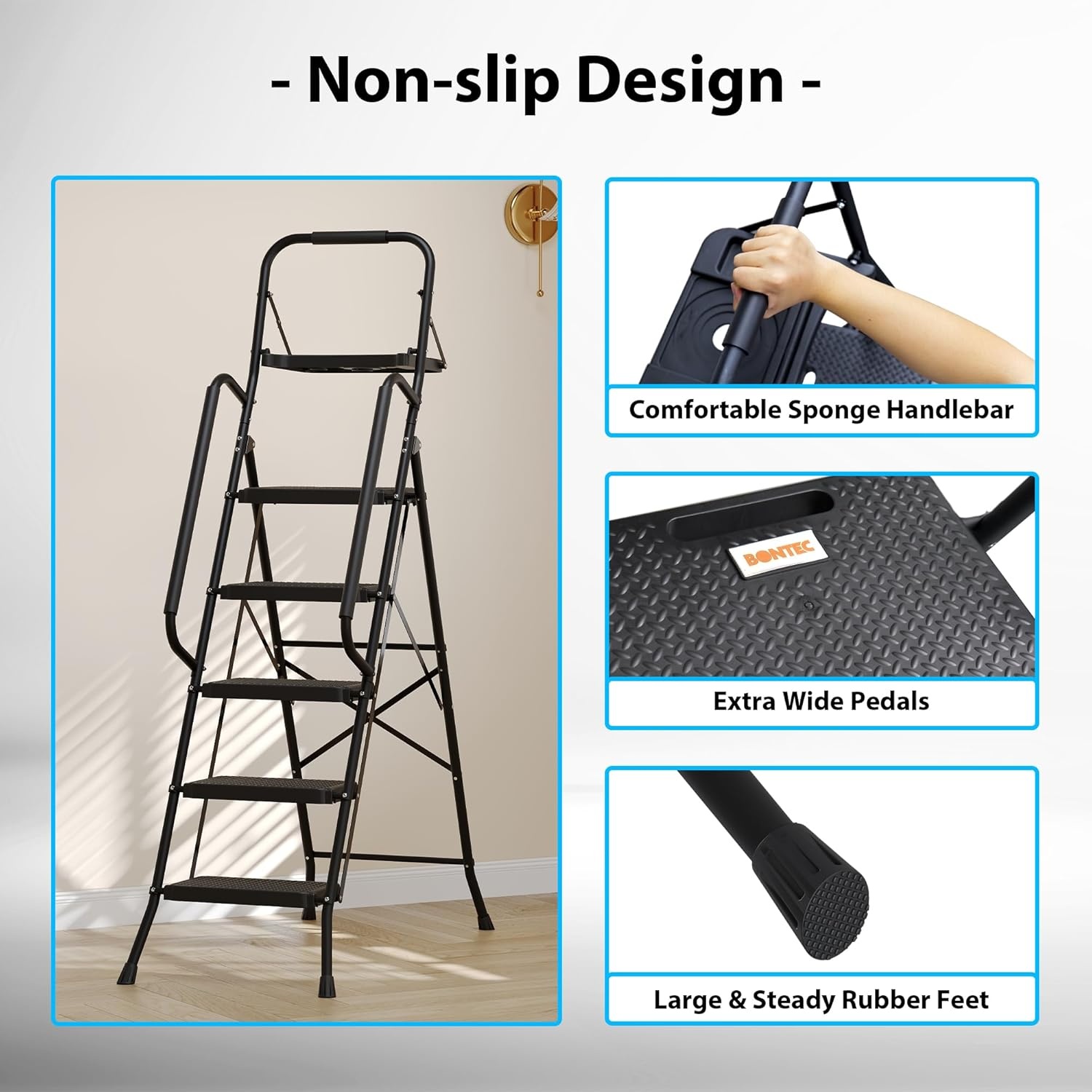 image:imageBONTEC 2Step Ladder Folding Step Stool 600lbs Max Load Capacity Sturdy Steel NonSlip Pedals Lightweight Portable Steel Ladder with Convenient Handrail Safety Design for Home amp Work PinkBlack
