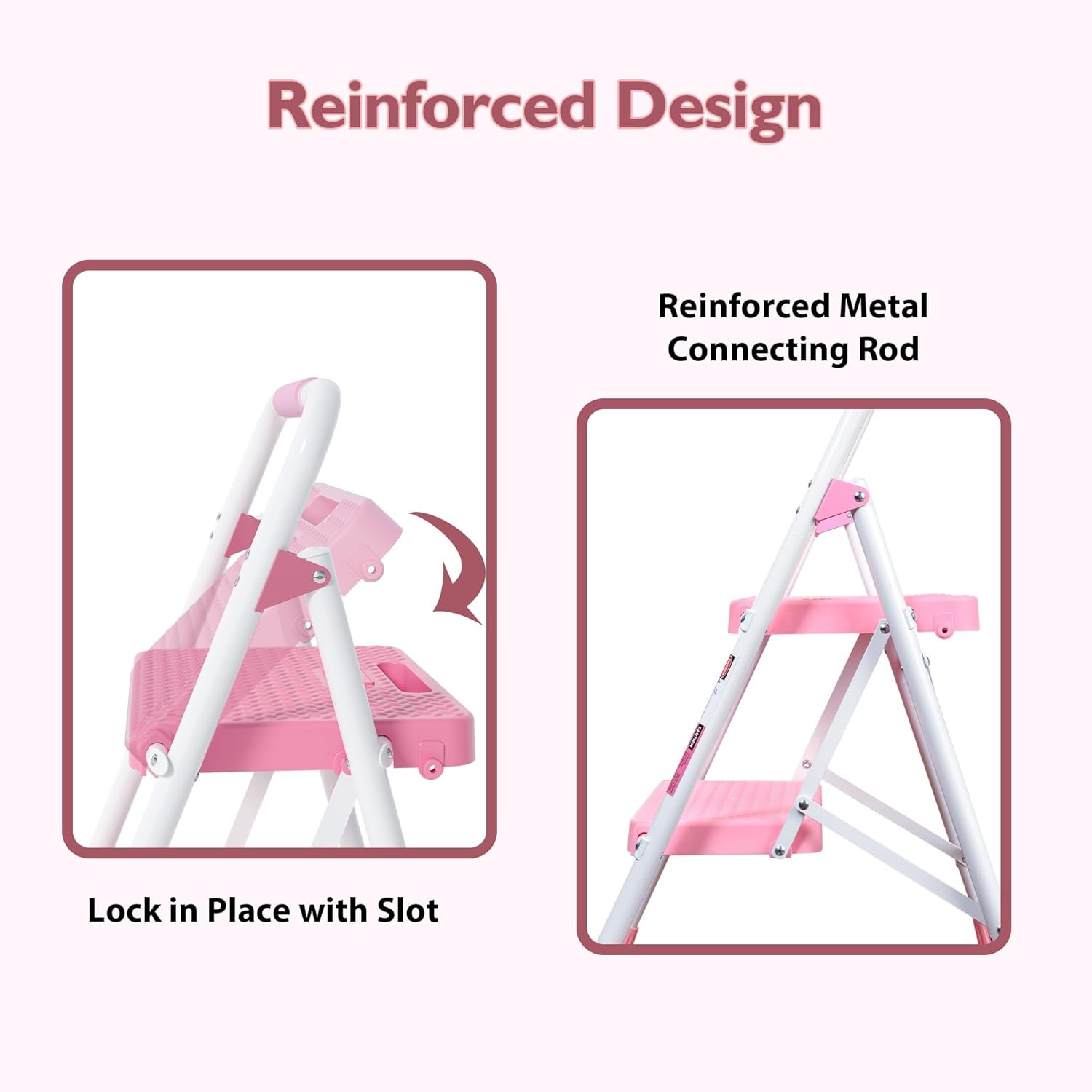 image:imageBONTEC 2Step Ladder Folding Step Stool 600lbs Max Load Capacity Sturdy Steel NonSlip Pedals Lightweight Portable Steel Ladder with Convenient Handrail Safety Design for Home amp Work PinkPink