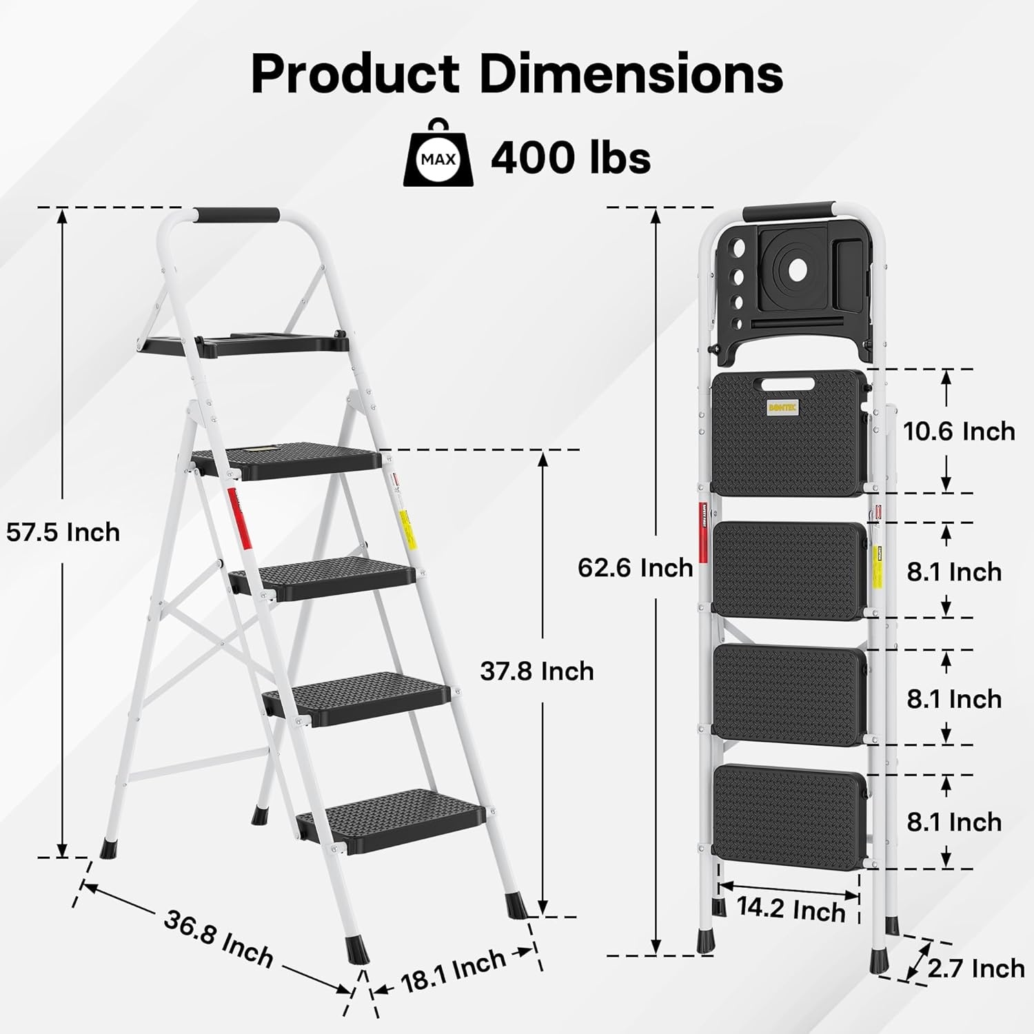 image:imageBONTEC 2Step Ladder Folding Step Stool 600lbs Max Load Capacity Sturdy Steel NonSlip Pedals Lightweight Portable Steel Ladder with Convenient Handrail Safety Design for Home amp Work PinkWhite