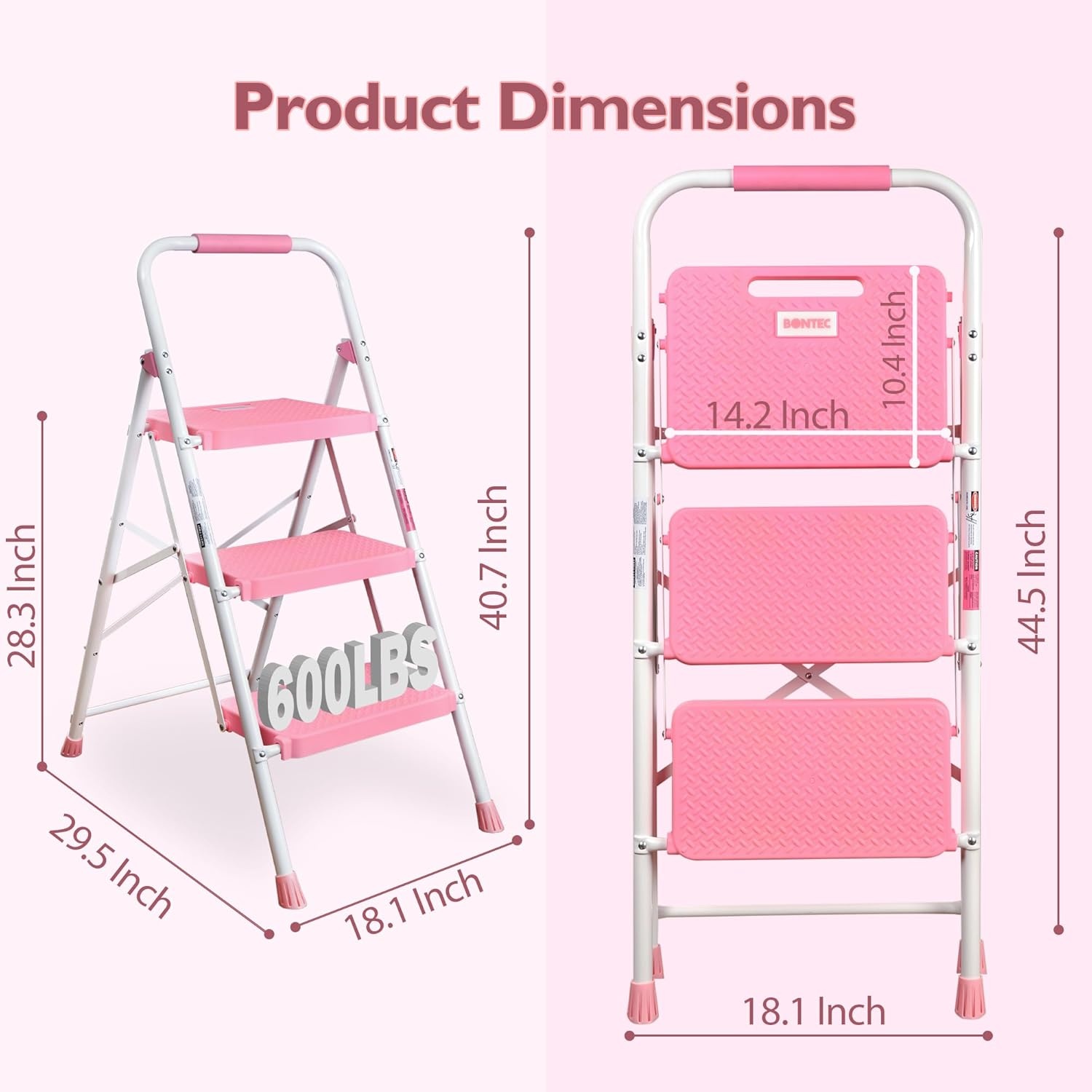 image:imageBONTEC 2Step Ladder Folding Step Stool 600lbs Max Load Capacity Sturdy Steel NonSlip Pedals Lightweight Portable Steel Ladder with Convenient Handrail Safety Design for Home amp Work PinkPink