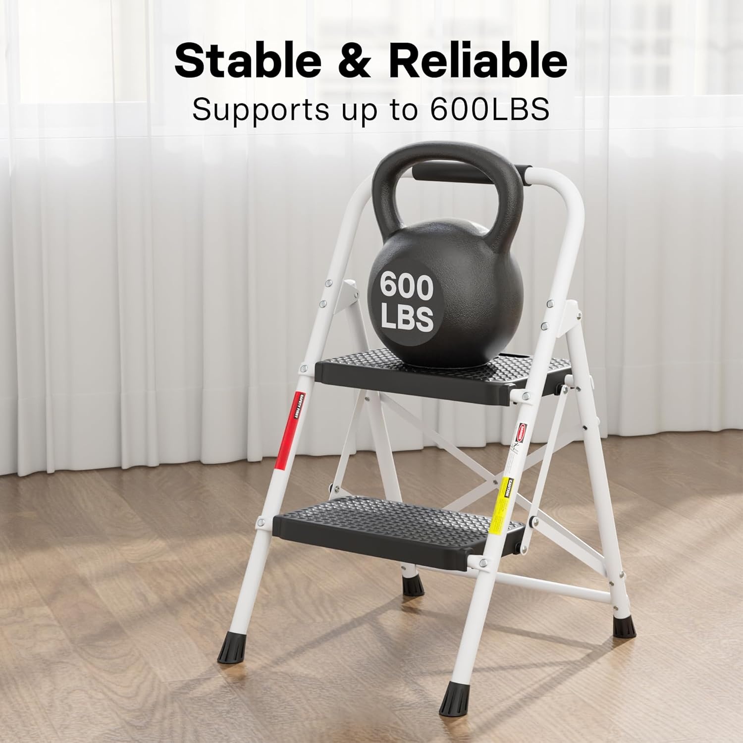 image:imageBONTEC 2Step Ladder Folding Step Stool 600lbs Max Load Capacity Sturdy Steel NonSlip Pedals Lightweight Portable Steel Ladder with Convenient Handrail Safety Design for Home amp Work PinkWhite