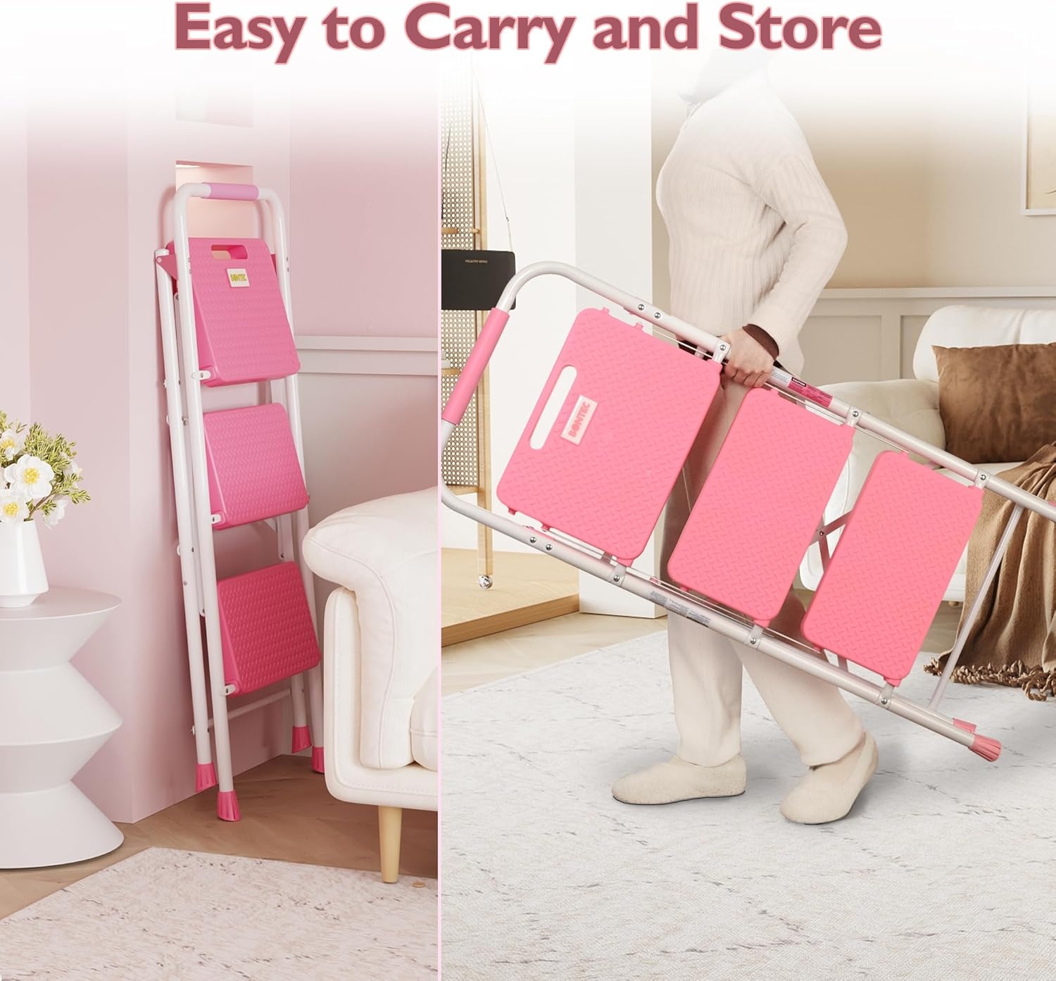 image:imageBONTEC 2Step Ladder Folding Step Stool 600lbs Max Load Capacity Sturdy Steel NonSlip Pedals Lightweight Portable Steel Ladder with Convenient Handrail Safety Design for Home amp Work PinkPink