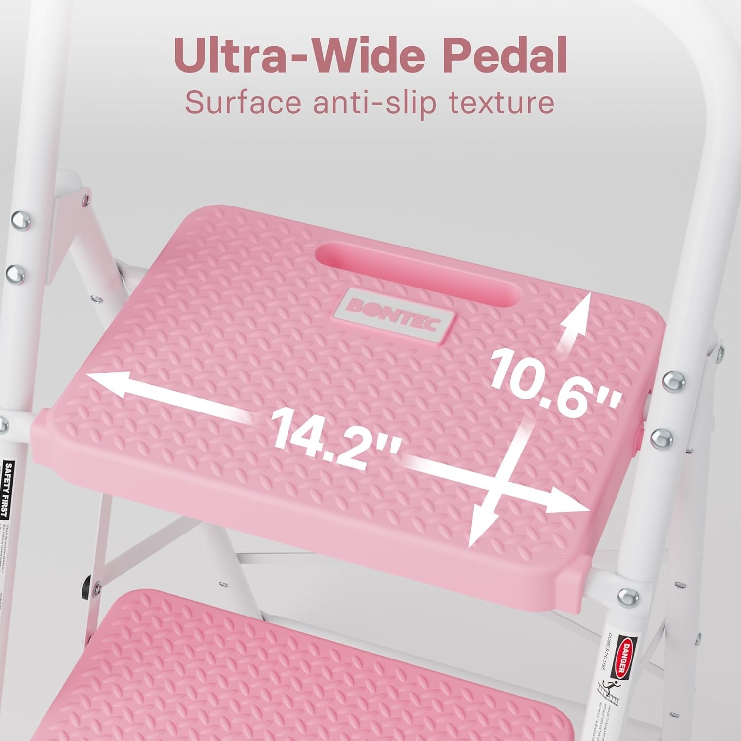 image:imageBONTEC 2Step Ladder Folding Step Stool 600lbs Max Load Capacity Sturdy Steel NonSlip Pedals Lightweight Portable Steel Ladder with Convenient Handrail Safety Design for Home amp Work PinkPink