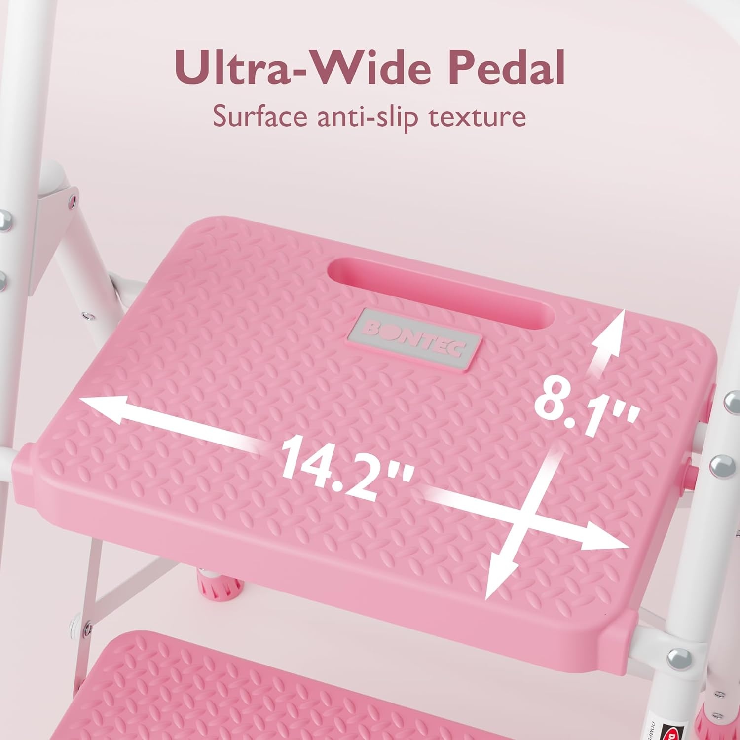 image:imageBONTEC 2Step Ladder Folding Step Stool 600lbs Max Load Capacity Sturdy Steel NonSlip Pedals Lightweight Portable Steel Ladder with Convenient Handrail Safety Design for Home amp Work PinkPink