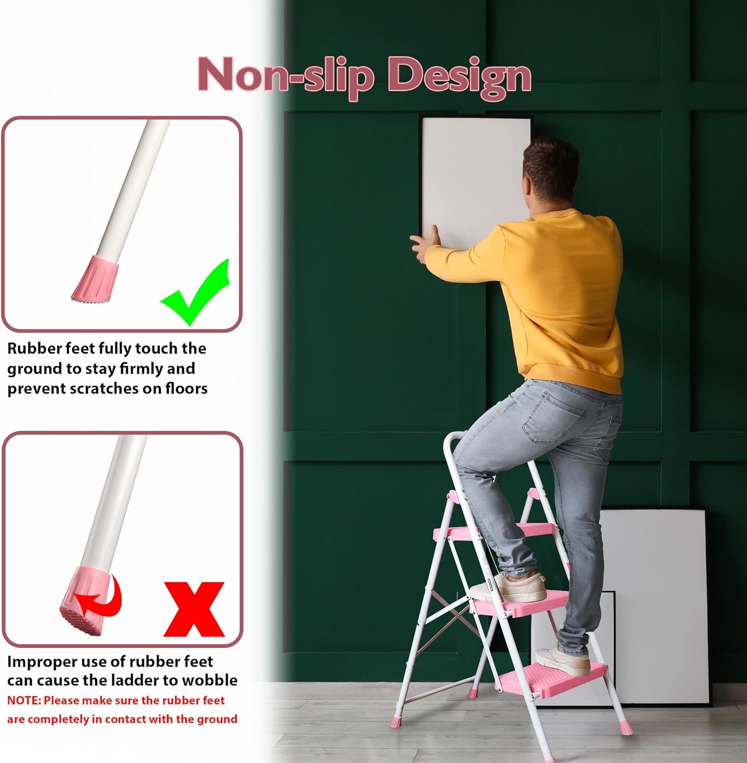image:imageBONTEC 2Step Ladder Folding Step Stool 600lbs Max Load Capacity Sturdy Steel NonSlip Pedals Lightweight Portable Steel Ladder with Convenient Handrail Safety Design for Home amp Work PinkPink