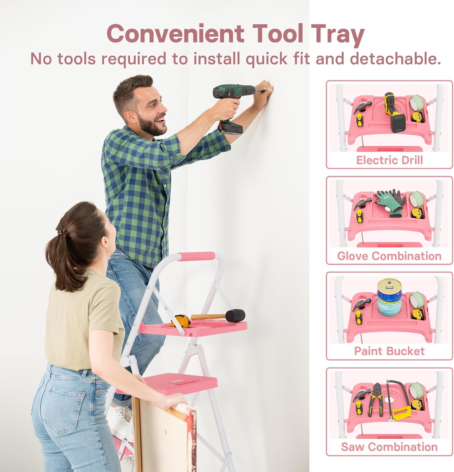 image:imageBONTEC 2Step Ladder Folding Step Stool 600lbs Max Load Capacity Sturdy Steel NonSlip Pedals Lightweight Portable Steel Ladder with Convenient Handrail Safety Design for Home amp Work PinkPink