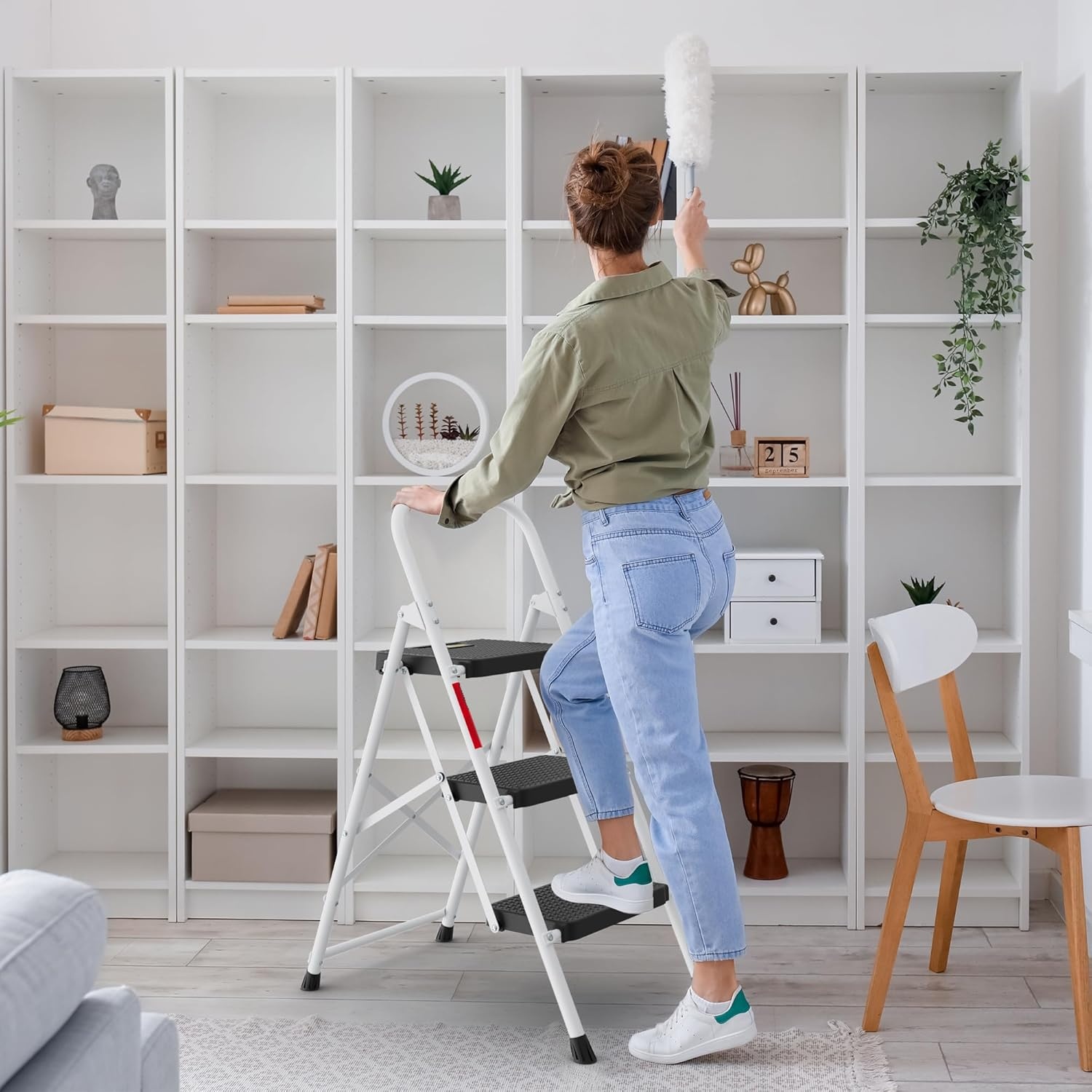 image:imageBONTEC 2Step Ladder Folding Step Stool 600lbs Max Load Capacity Sturdy Steel NonSlip Pedals Lightweight Portable Steel Ladder with Convenient Handrail Safety Design for Home amp Work PinkWhite