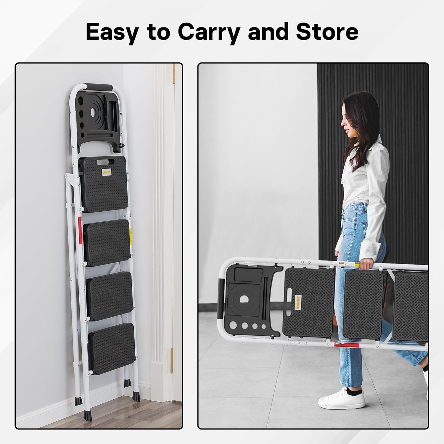 image:imageBONTEC 2Step Ladder Folding Step Stool 600lbs Max Load Capacity Sturdy Steel NonSlip Pedals Lightweight Portable Steel Ladder with Convenient Handrail Safety Design for Home amp Work PinkWhite