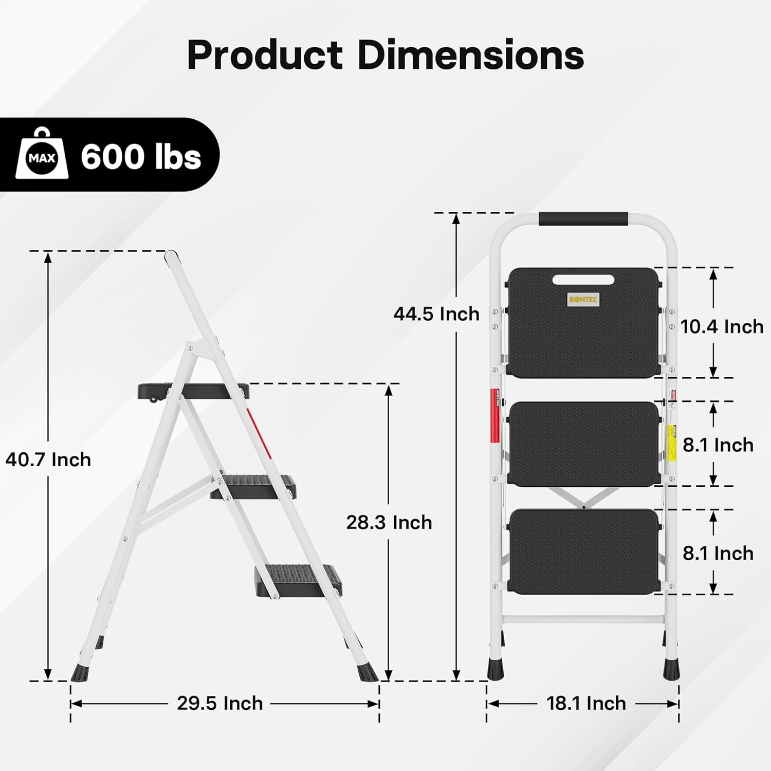 image:imageBONTEC 2Step Ladder Folding Step Stool 600lbs Max Load Capacity Sturdy Steel NonSlip Pedals Lightweight Portable Steel Ladder with Convenient Handrail Safety Design for Home amp Work PinkWhite