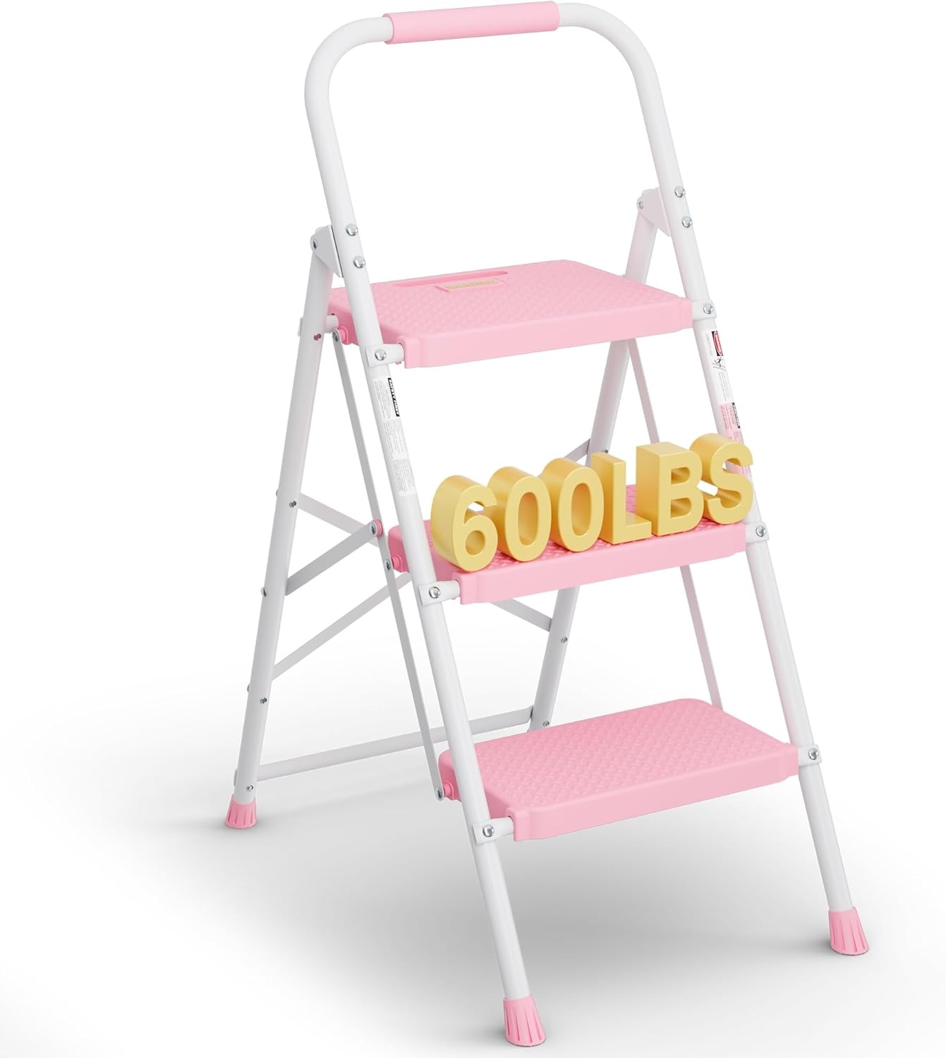 image:imageBONTEC 2Step Ladder Folding Step Stool 600lbs Max Load Capacity Sturdy Steel NonSlip Pedals Lightweight Portable Steel Ladder with Convenient Handrail Safety Design for Home amp Work PinkPink