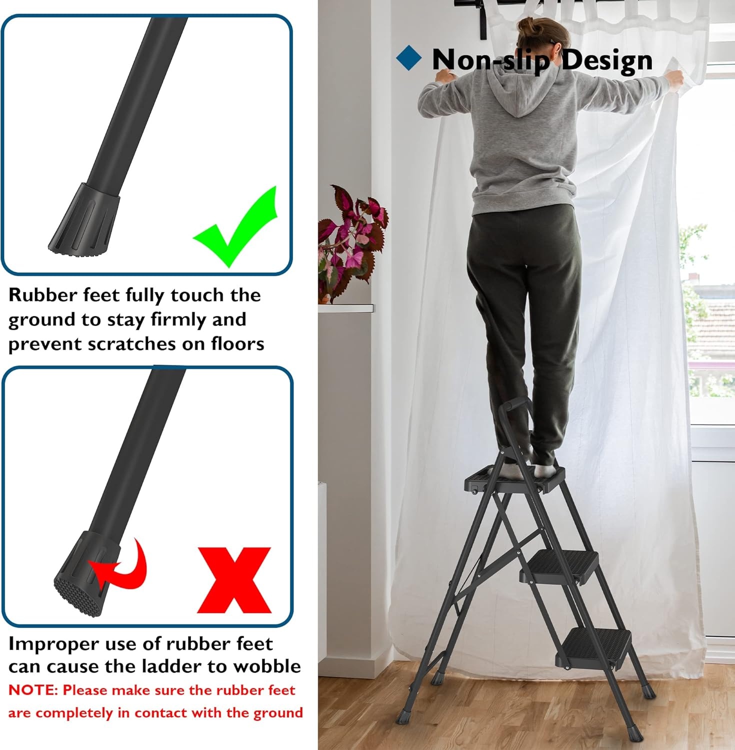 image:imageBONTEC 2Step Ladder Folding Step Stool 600lbs Max Load Capacity Sturdy Steel NonSlip Pedals Lightweight Portable Steel Ladder with Convenient Handrail Safety Design for Home amp Work PinkBlack