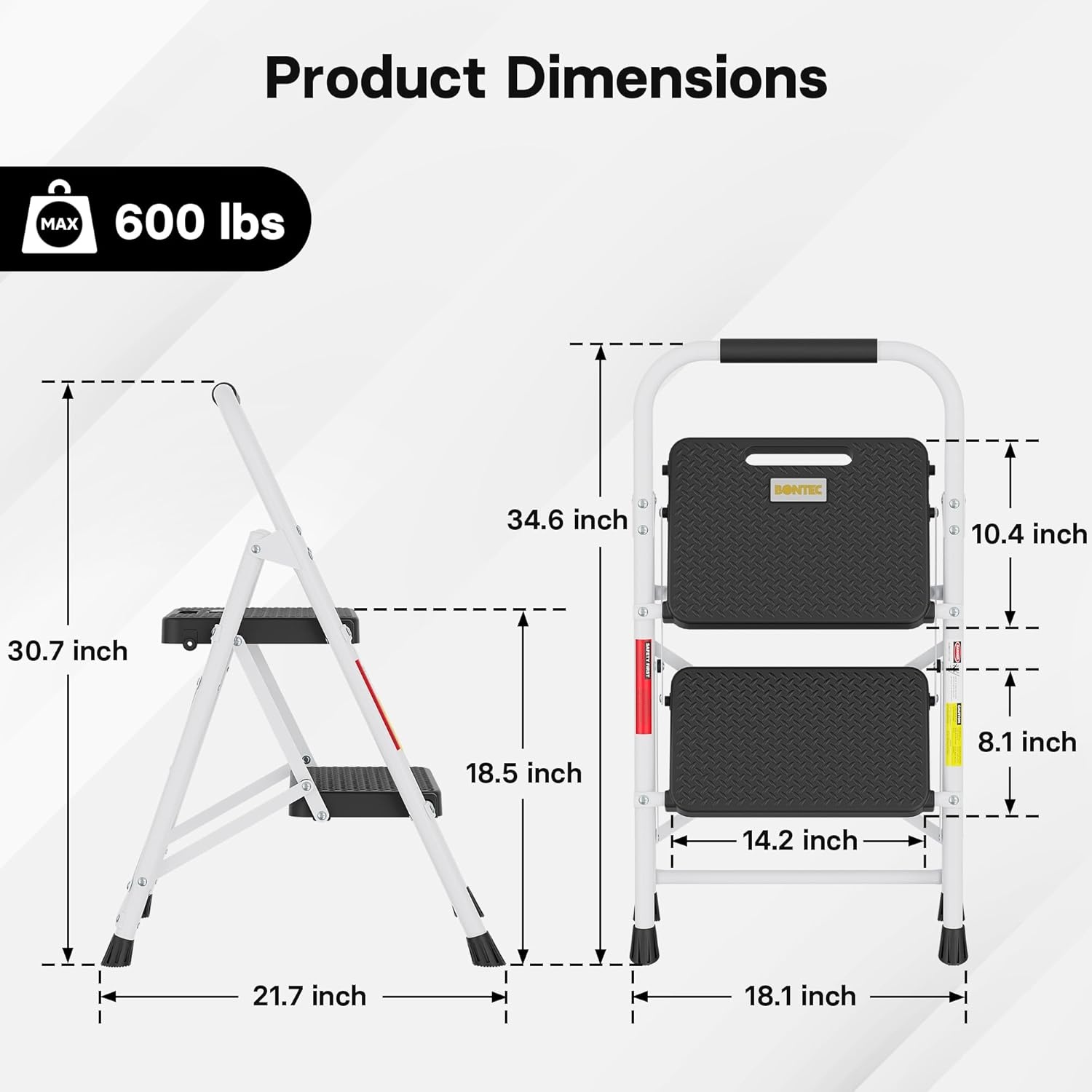 image:imageBONTEC 2Step Ladder Folding Step Stool 600lbs Max Load Capacity Sturdy Steel NonSlip Pedals Lightweight Portable Steel Ladder with Convenient Handrail Safety Design for Home amp Work PinkWhite