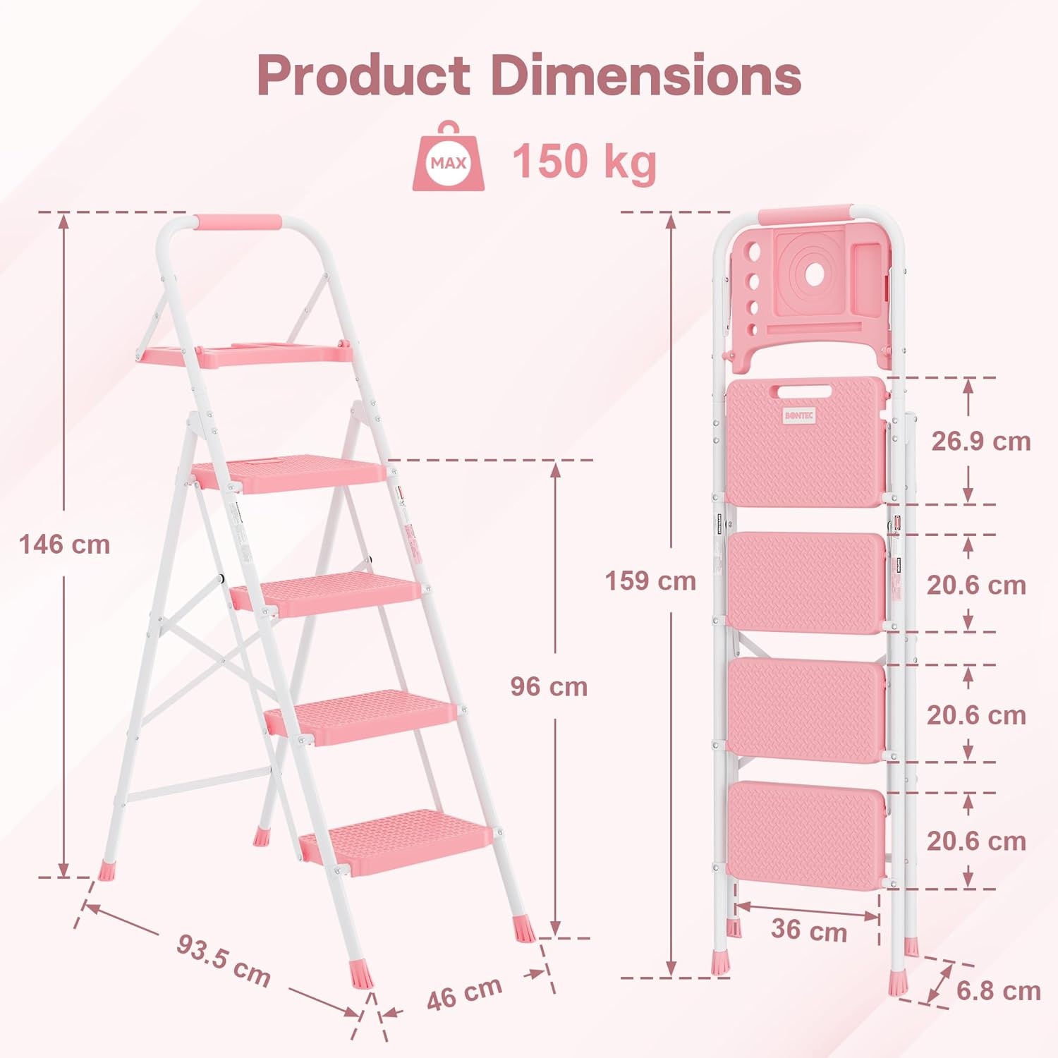 image:imageBONTEC 2Step Ladder Folding Step Stool 600lbs Max Load Capacity Sturdy Steel NonSlip Pedals Lightweight Portable Steel Ladder with Convenient Handrail Safety Design for Home amp Work PinkPink