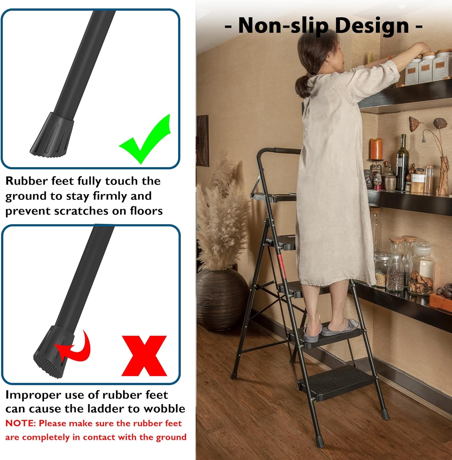 image:imageBONTEC 2Step Ladder Folding Step Stool 600lbs Max Load Capacity Sturdy Steel NonSlip Pedals Lightweight Portable Steel Ladder with Convenient Handrail Safety Design for Home amp Work PinkBlack