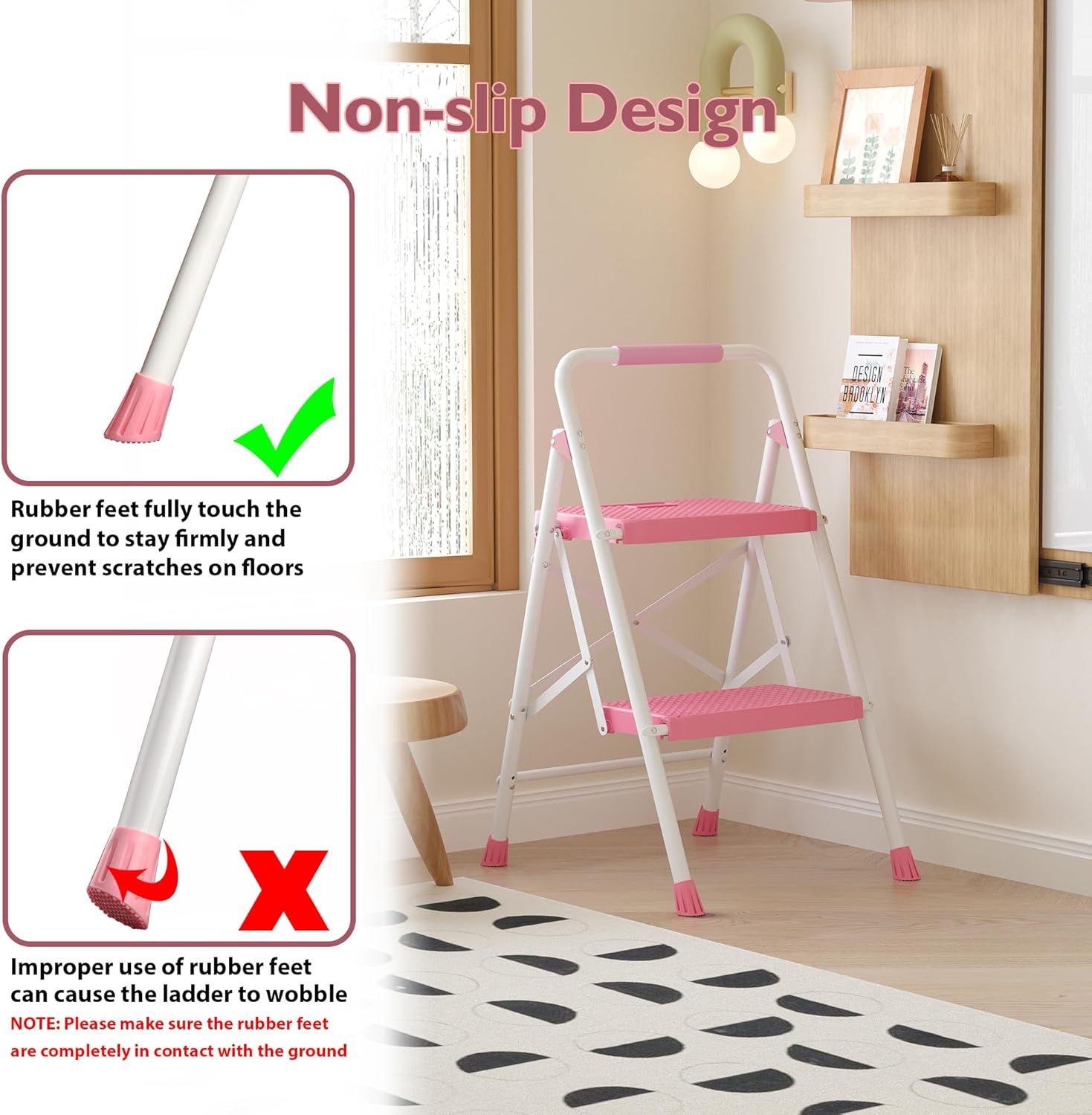 image:imageBONTEC 2Step Ladder Folding Step Stool 600lbs Max Load Capacity Sturdy Steel NonSlip Pedals Lightweight Portable Steel Ladder with Convenient Handrail Safety Design for Home amp Work PinkPink