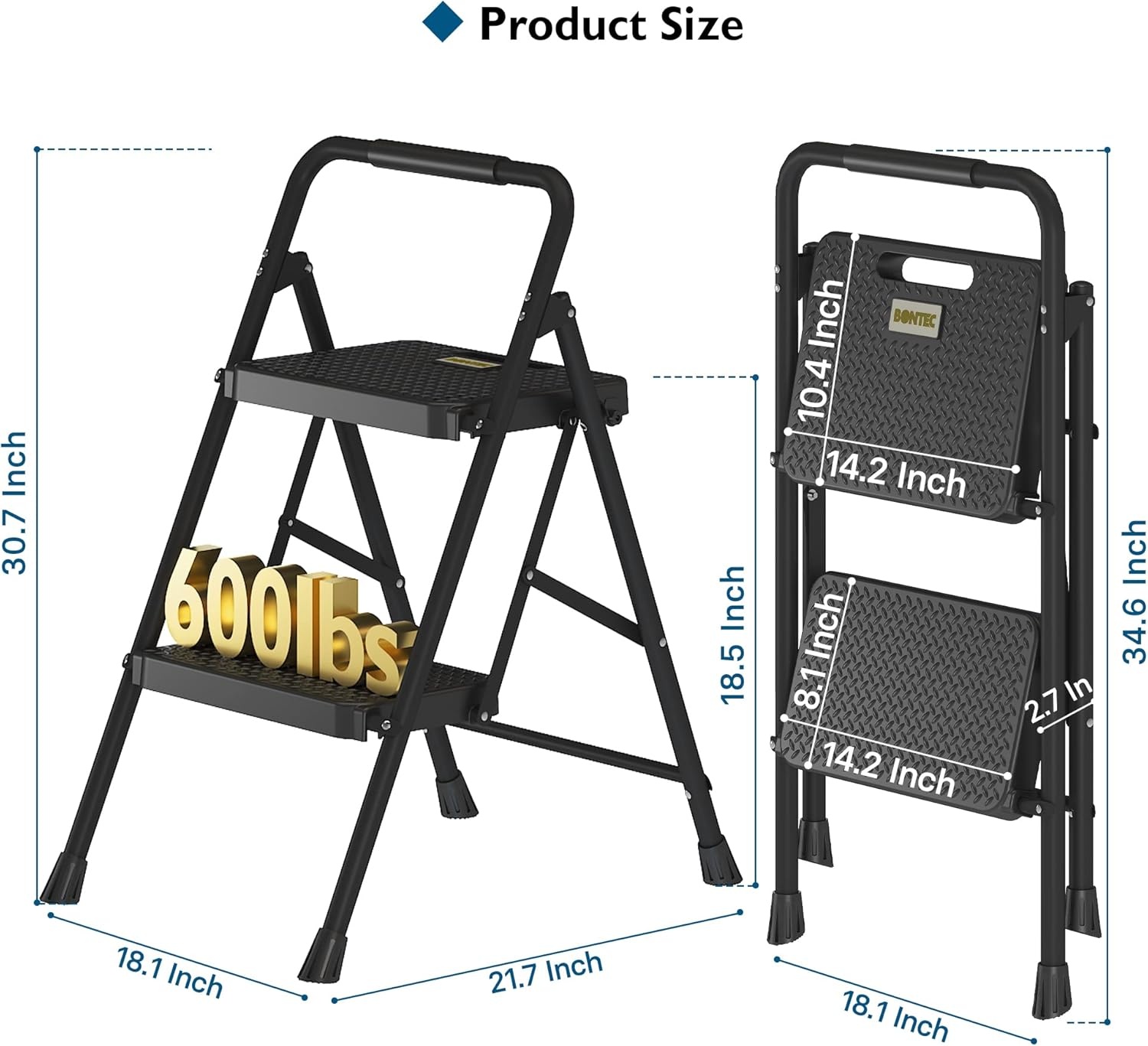 image:imageBONTEC 2Step Ladder Folding Step Stool 600lbs Max Load Capacity Sturdy Steel NonSlip Pedals Lightweight Portable Steel Ladder with Convenient Handrail Safety Design for Home amp Work PinkBlack