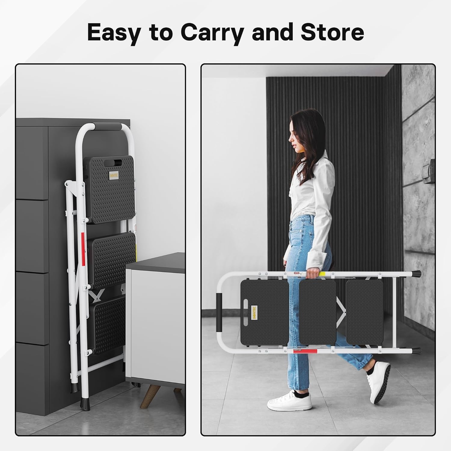 image:imageBONTEC 2Step Ladder Folding Step Stool 600lbs Max Load Capacity Sturdy Steel NonSlip Pedals Lightweight Portable Steel Ladder with Convenient Handrail Safety Design for Home amp Work PinkWhite