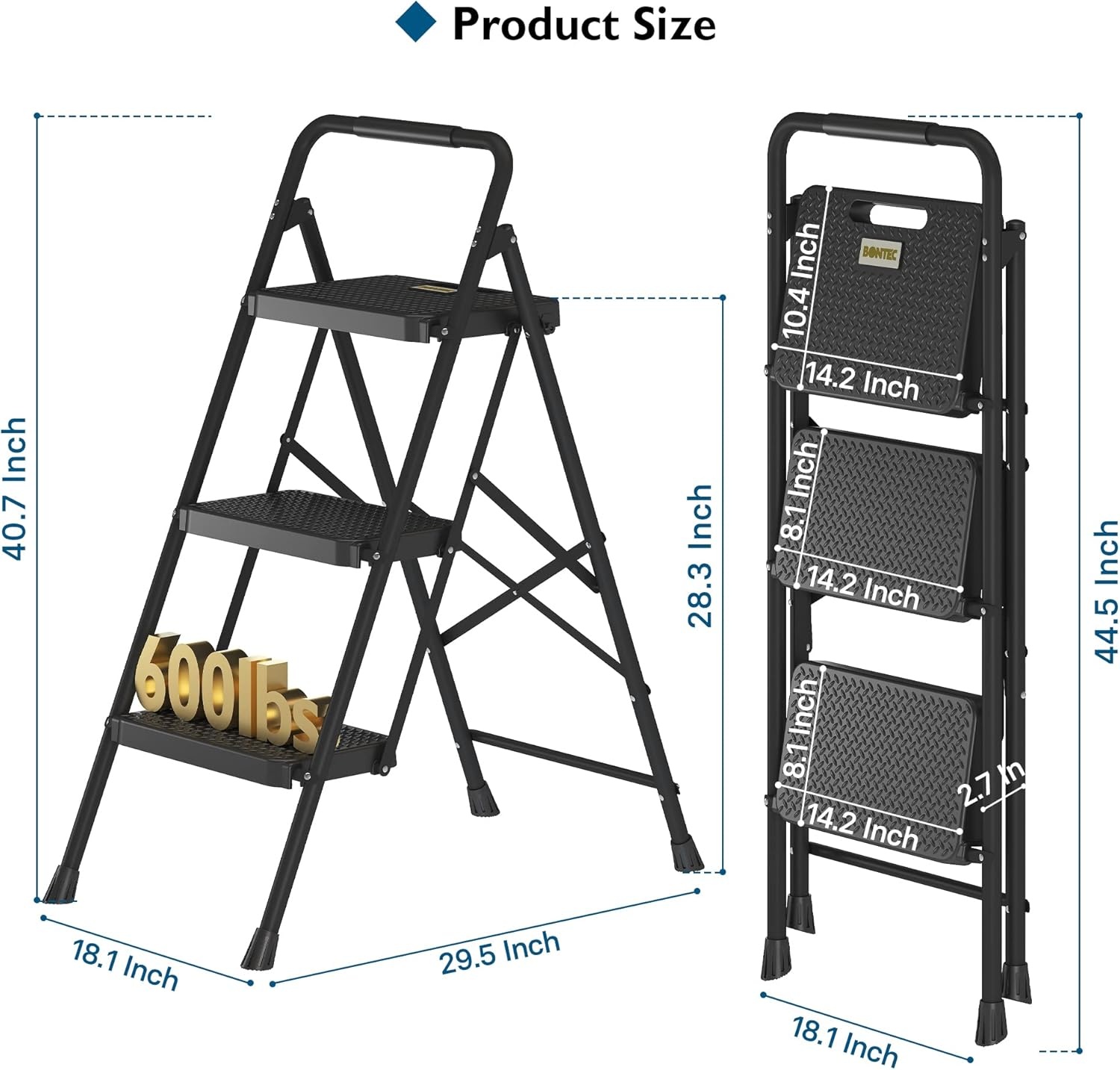 image:imageBONTEC 2Step Ladder Folding Step Stool 600lbs Max Load Capacity Sturdy Steel NonSlip Pedals Lightweight Portable Steel Ladder with Convenient Handrail Safety Design for Home amp Work PinkBlack