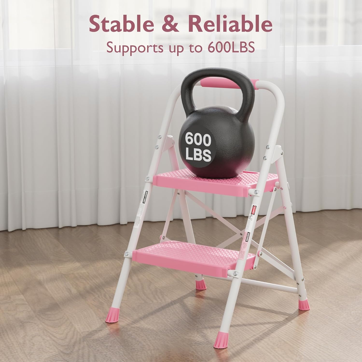 image:imageBONTEC 2Step Ladder Folding Step Stool 600lbs Max Load Capacity Sturdy Steel NonSlip Pedals Lightweight Portable Steel Ladder with Convenient Handrail Safety Design for Home amp Work PinkPink