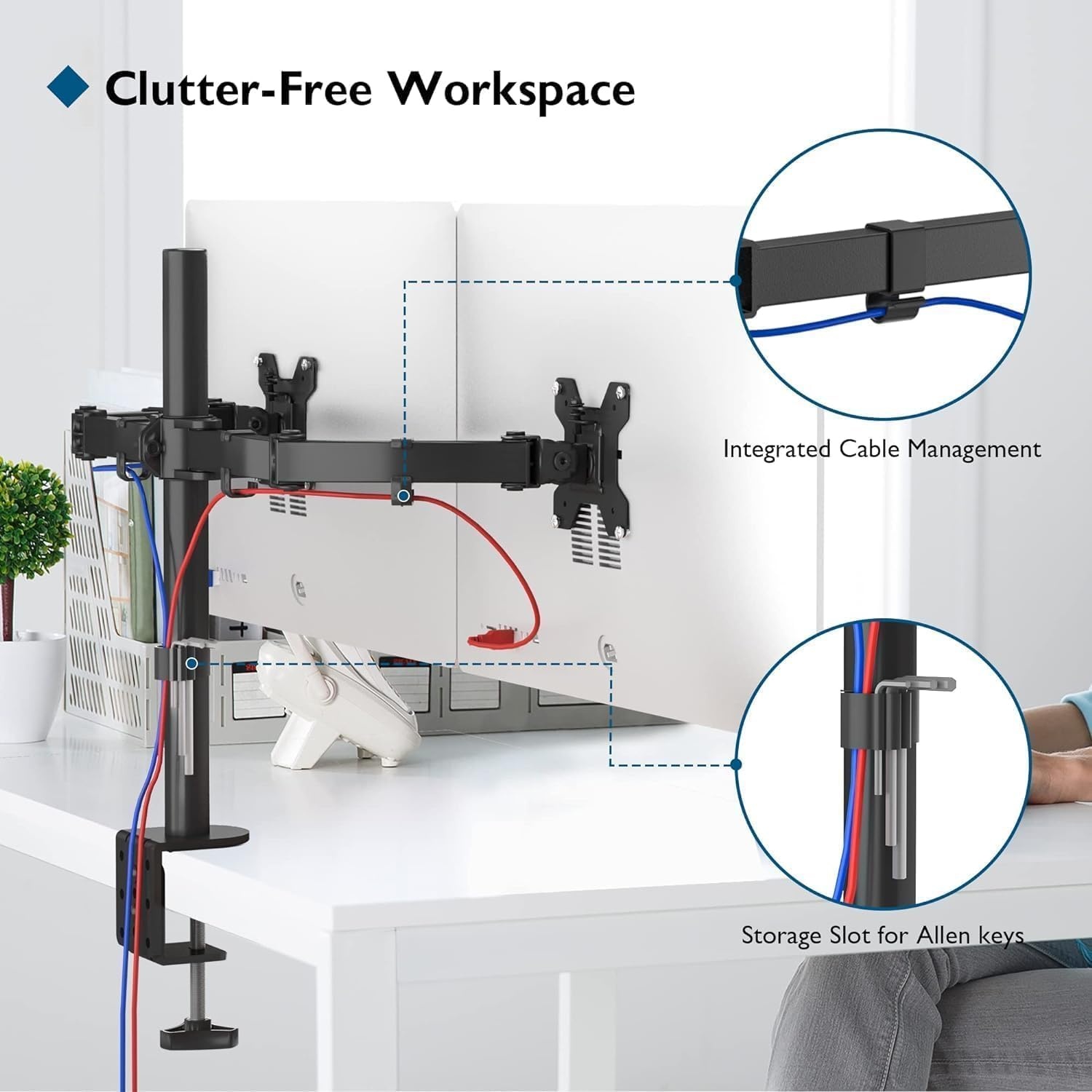 image:imageBONTEC Dual Monitor Desk Mount Full Motion Adjustable White Monitor Stand for 1327 Inch Screens Heavy Duty Arms Hold 22 lbs Each VESA 75x75100x100 C Clamp and Grommet Base Cable ManagementBlack