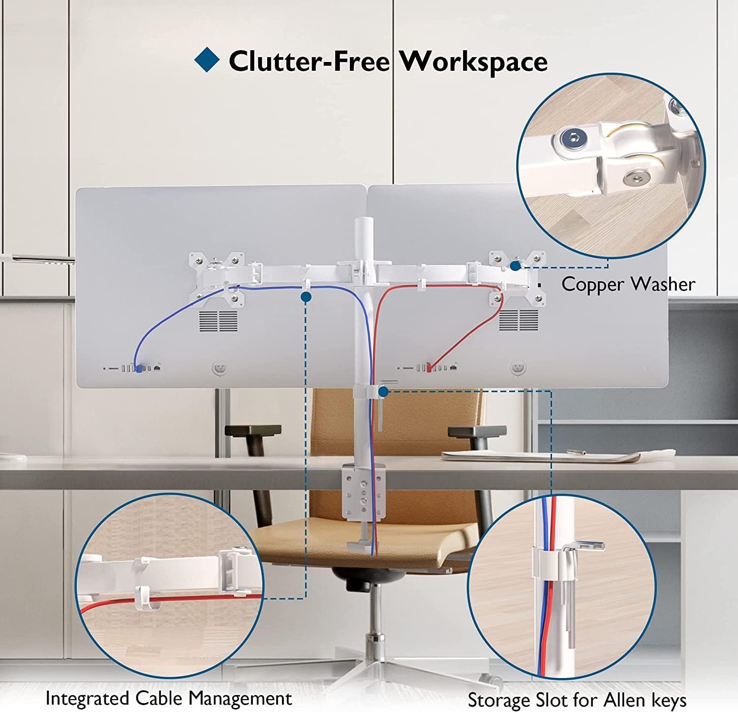 image:imageBONTEC Dual Monitor Desk Mount Full Motion Adjustable White Monitor Stand for 1327 Inch Screens Heavy Duty Arms Hold 22 lbs Each VESA 75x75100x100 C Clamp and Grommet Base Cable ManagementWhite