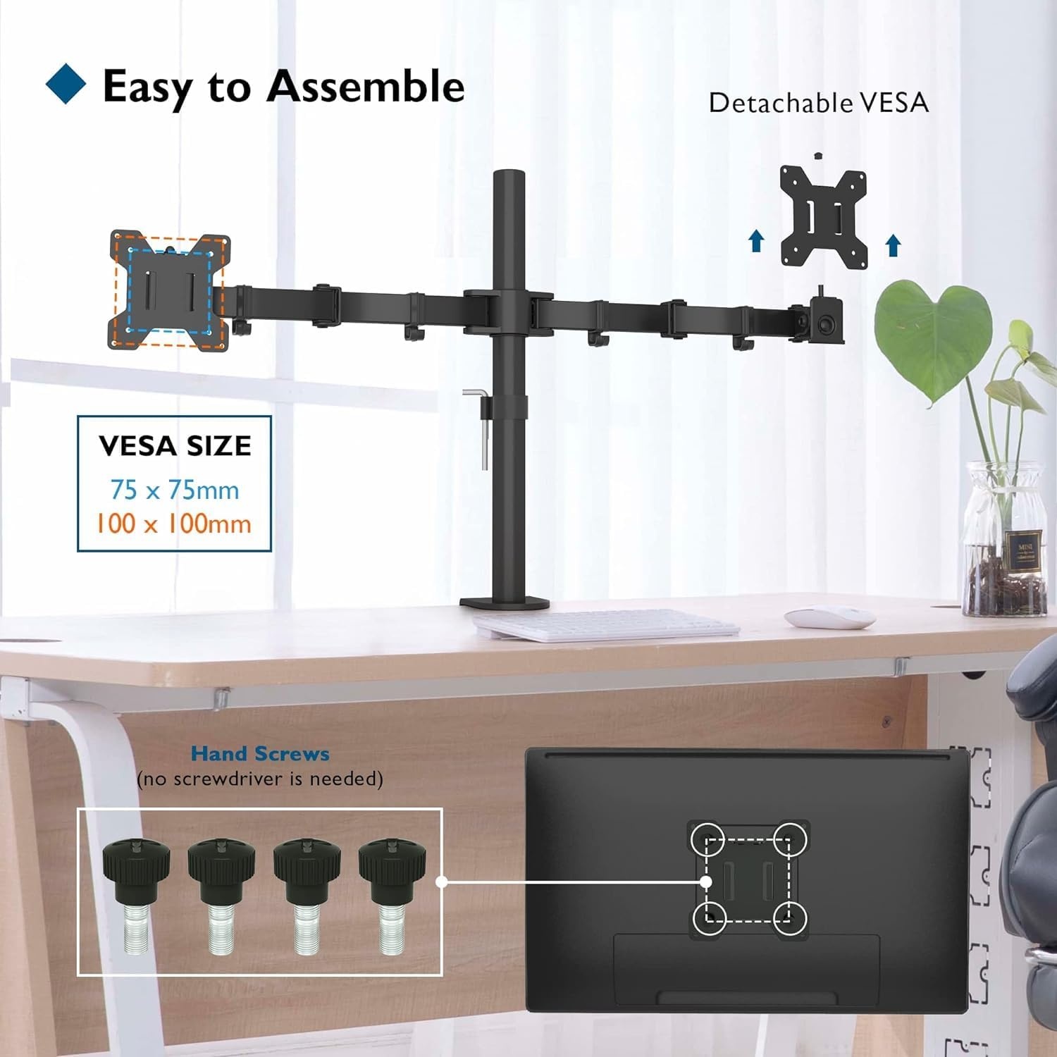 image:imageBONTEC Dual Monitor Desk Mount Full Motion Adjustable White Monitor Stand for 1327 Inch Screens Heavy Duty Arms Hold 22 lbs Each VESA 75x75100x100 C Clamp and Grommet Base Cable ManagementBlack