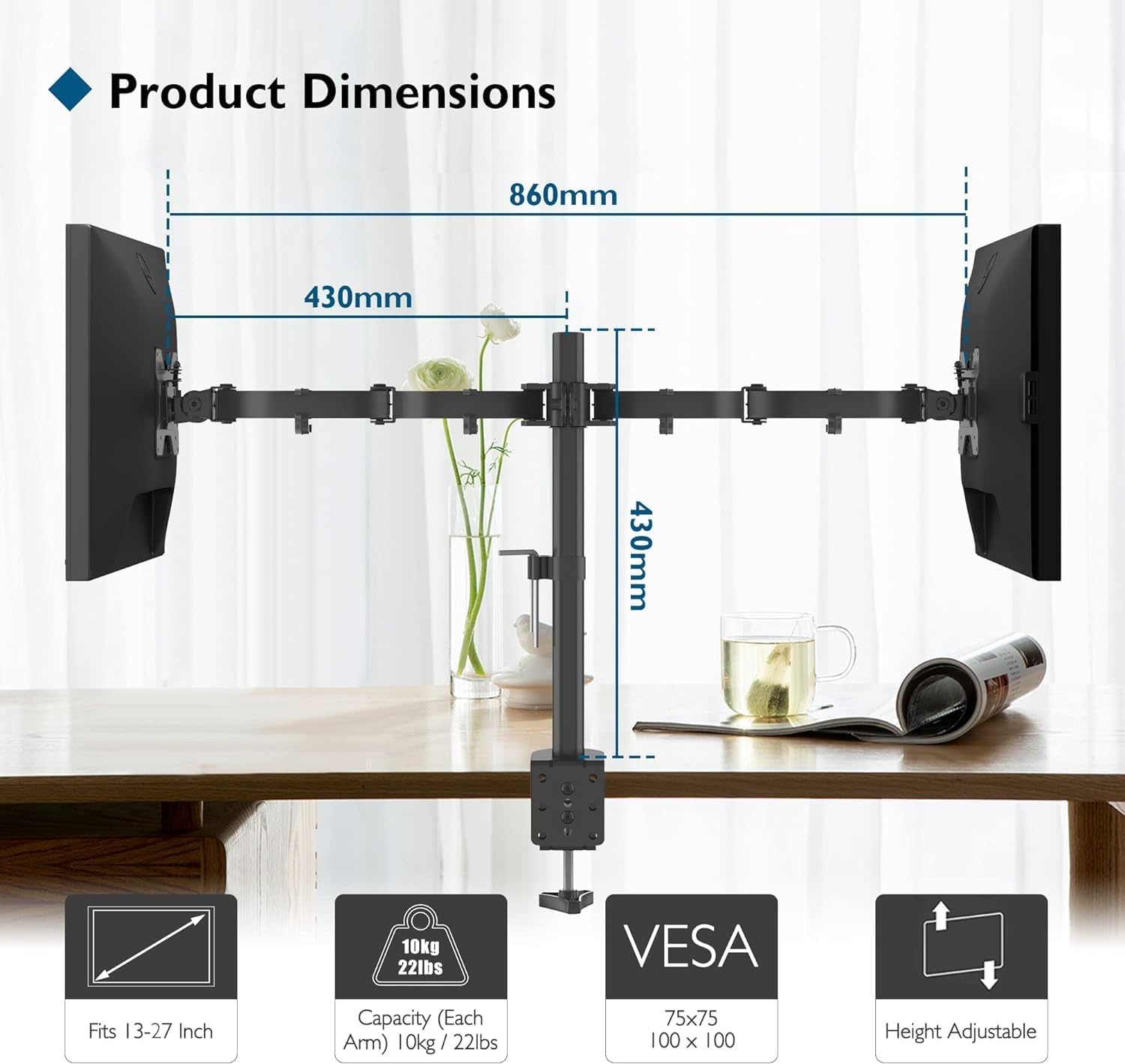 image:imageBONTEC Dual Monitor Desk Mount Full Motion Adjustable White Monitor Stand for 1327 Inch Screens Heavy Duty Arms Hold 22 lbs Each VESA 75x75100x100 C Clamp and Grommet Base Cable ManagementBlack