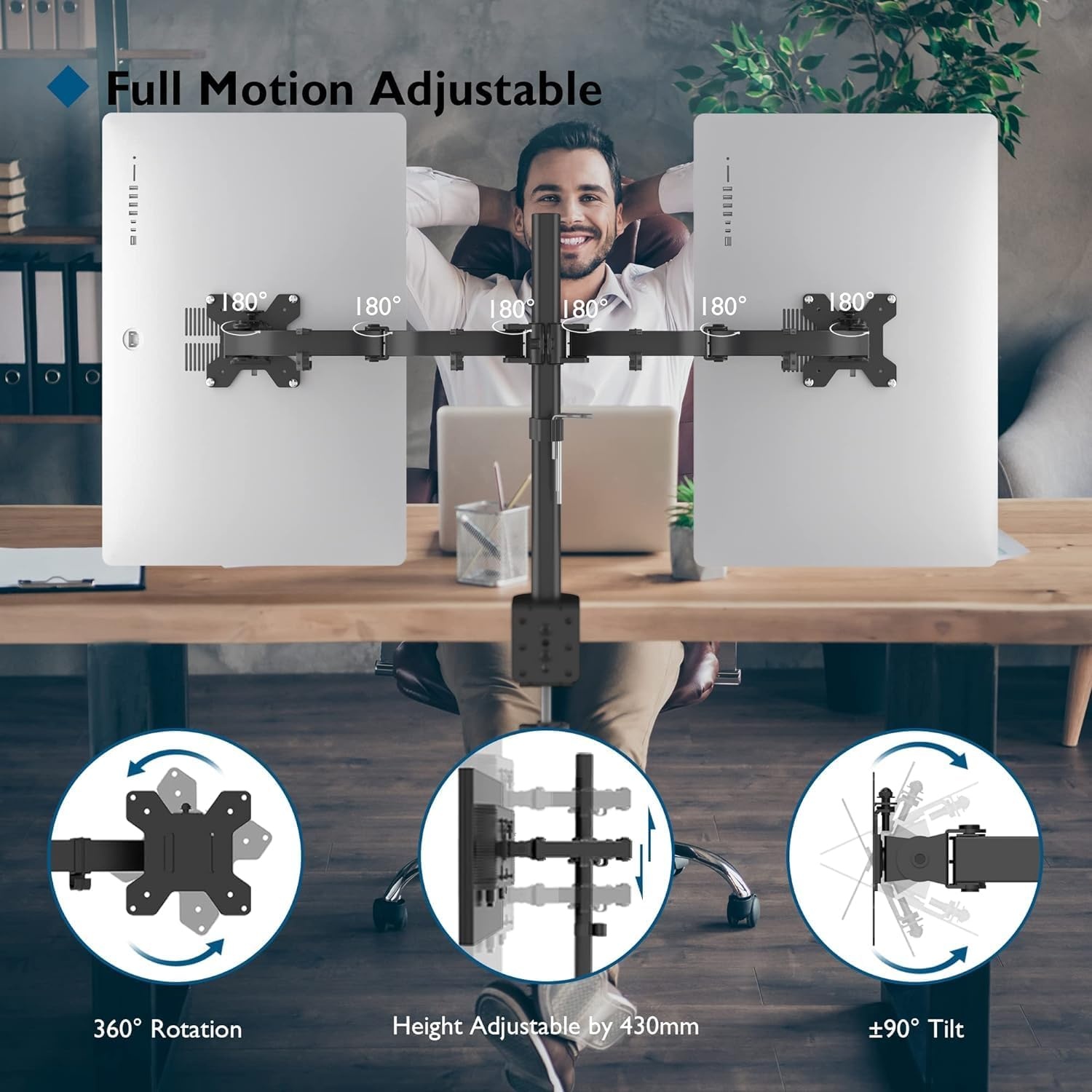 image:imageBONTEC Dual Monitor Desk Mount Full Motion Adjustable White Monitor Stand for 1327 Inch Screens Heavy Duty Arms Hold 22 lbs Each VESA 75x75100x100 C Clamp and Grommet Base Cable ManagementBlack