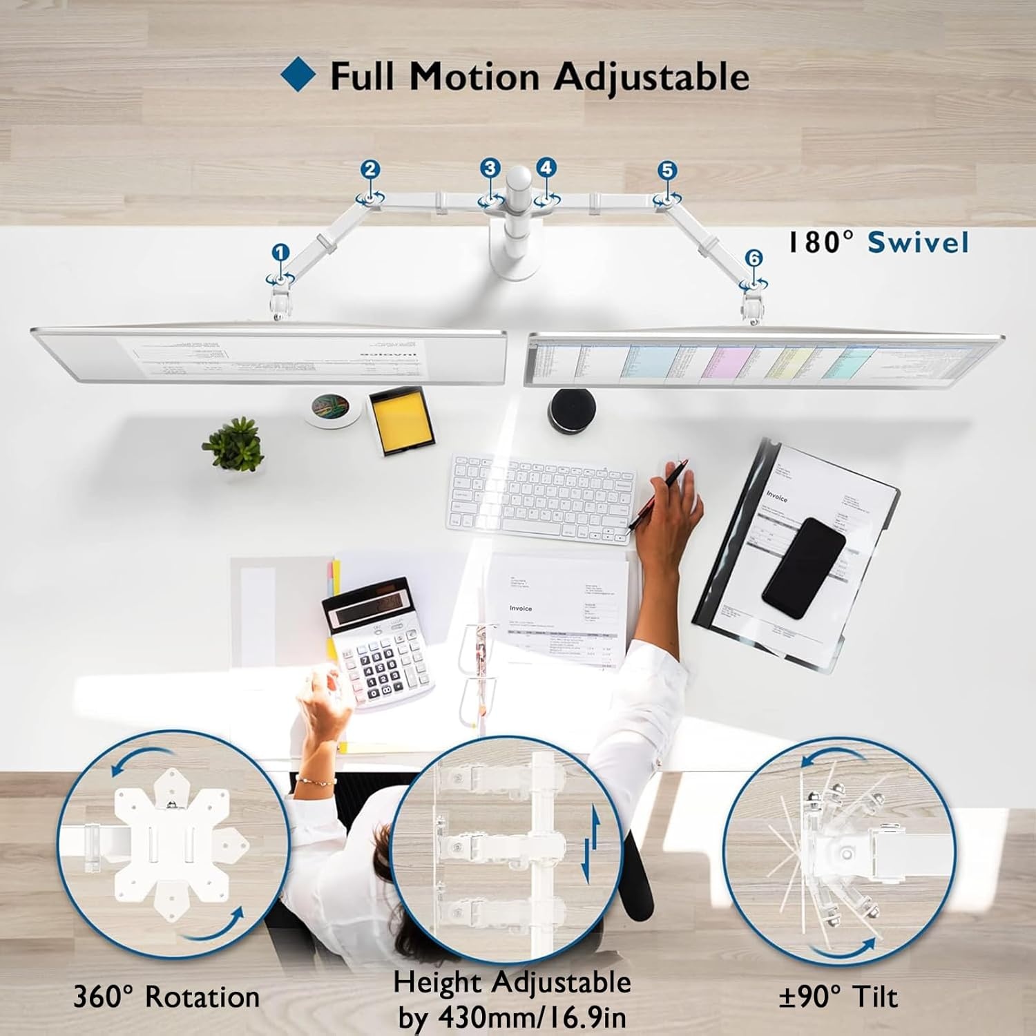 image:imageBONTEC Dual Monitor Desk Mount Full Motion Adjustable White Monitor Stand for 1327 Inch Screens Heavy Duty Arms Hold 22 lbs Each VESA 75x75100x100 C Clamp and Grommet Base Cable ManagementWhite