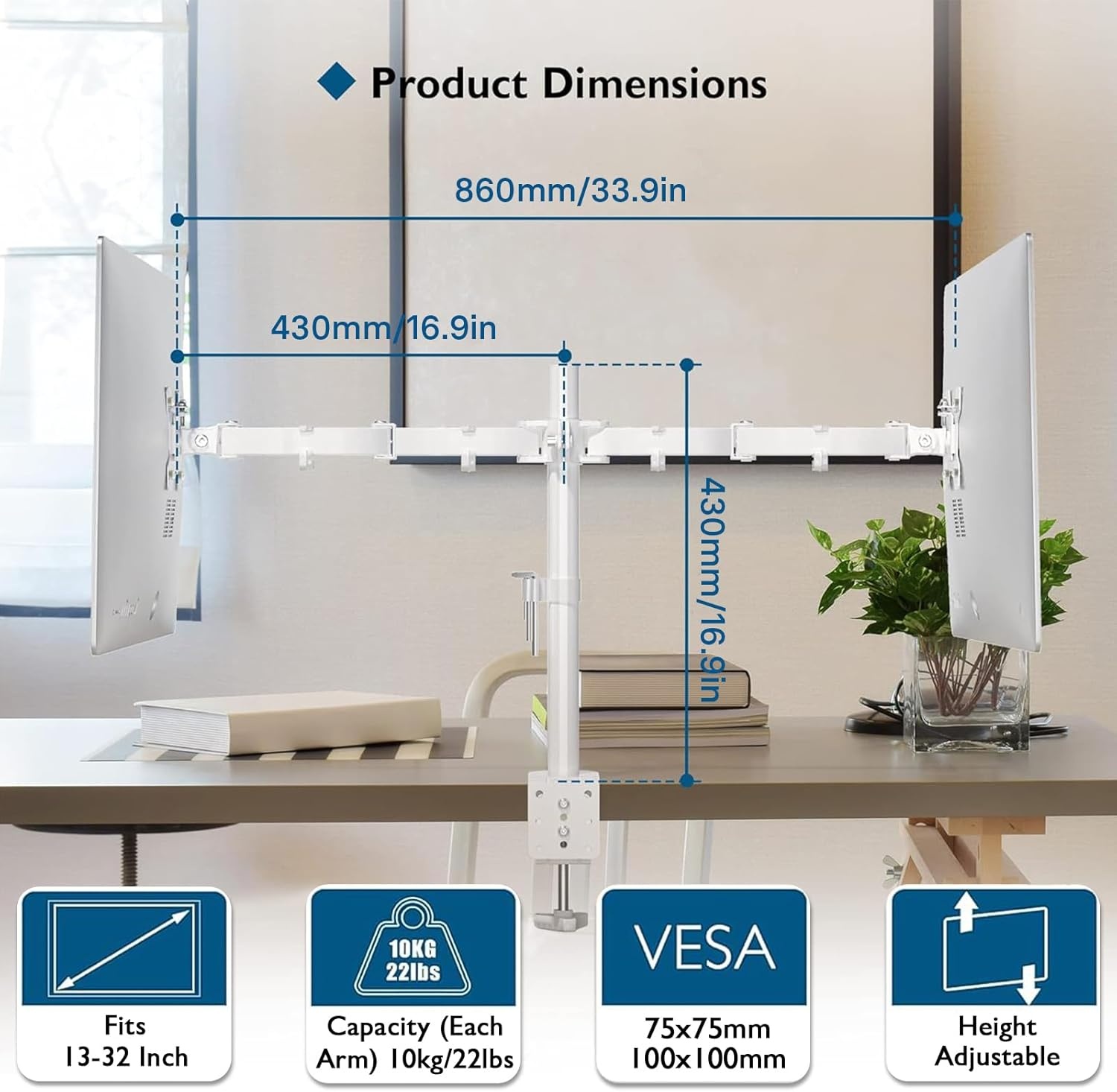 image:imageBONTEC Dual Monitor Desk Mount Full Motion Adjustable White Monitor Stand for 1327 Inch Screens Heavy Duty Arms Hold 22 lbs Each VESA 75x75100x100 C Clamp and Grommet Base Cable ManagementWhite
